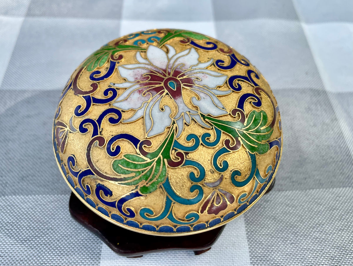 Vintage Cloisonné powder jar enamel paint lily flower floral cloisonné, Chinese cloisonne, cloisonne enamel, vintage cloisonne, powder jar, powder box, trinket box, jewelry box, keepsake box, Asian decor, chinoiserie, gold floral, turquoise enamel, blue enamel interior, floral cloisonne, Chinese enamel box, mid century Asian, Oriental box, enamel jar, gilt cloisonne, 3 inch cloisonne Thebrokenbirdcompany free shipping Christmas gift 