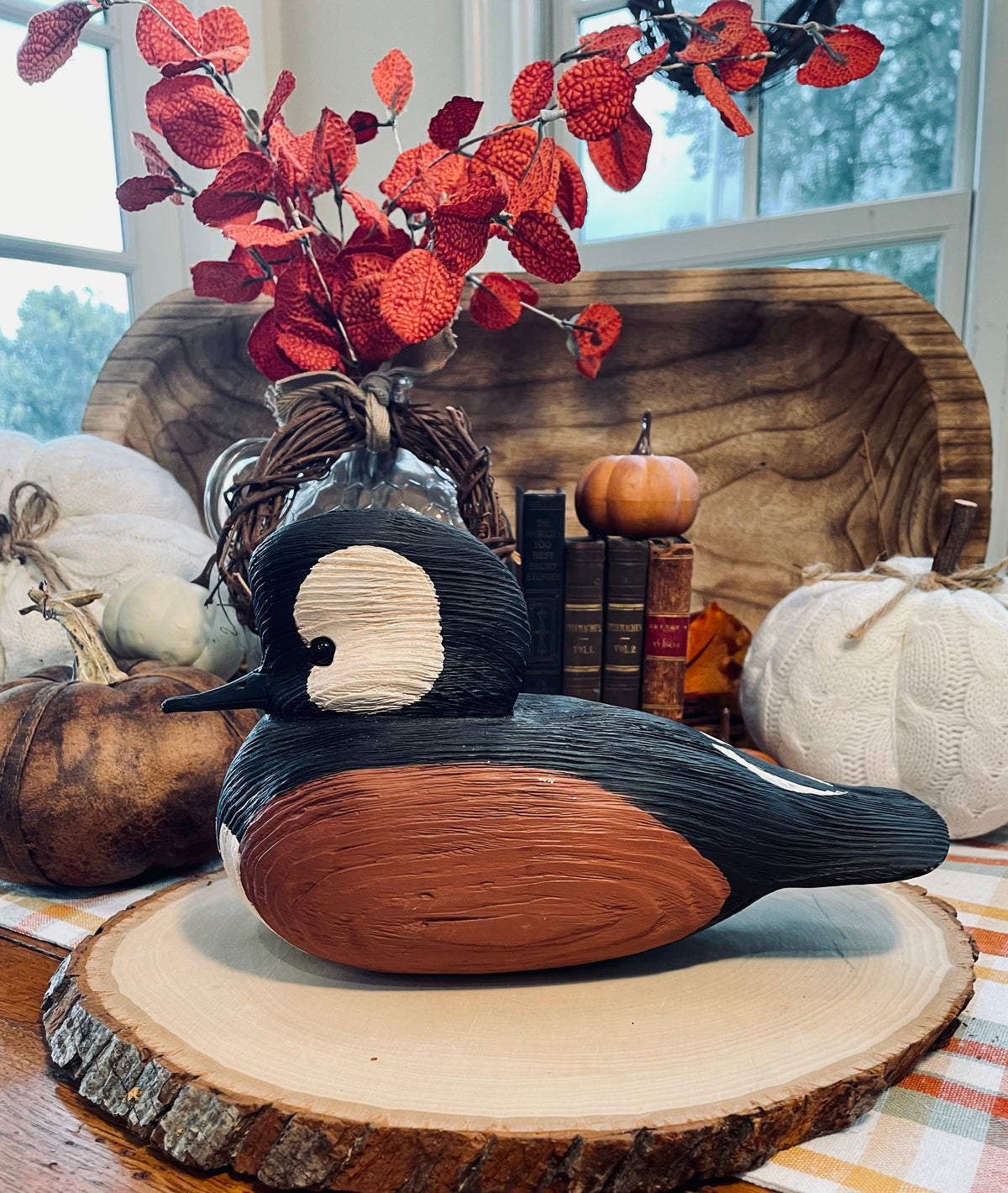 vintage duck decoy, hooded merganser decoy, hand carved wooden duck, painted wood duck decoy, folk art decoy, decorative duck sculpture, rustic home decor, lodge decor, cabin decor, waterfowl art, hunting memorabilia, wooden bird carving, merganser duck, vintage folk art, solid wood decoy, 9 inch duck decoy, American folk art bird, mantel decor, shelf sitter duck Thebrokenbirdcompany free shipping Christmas gift birthday gift 