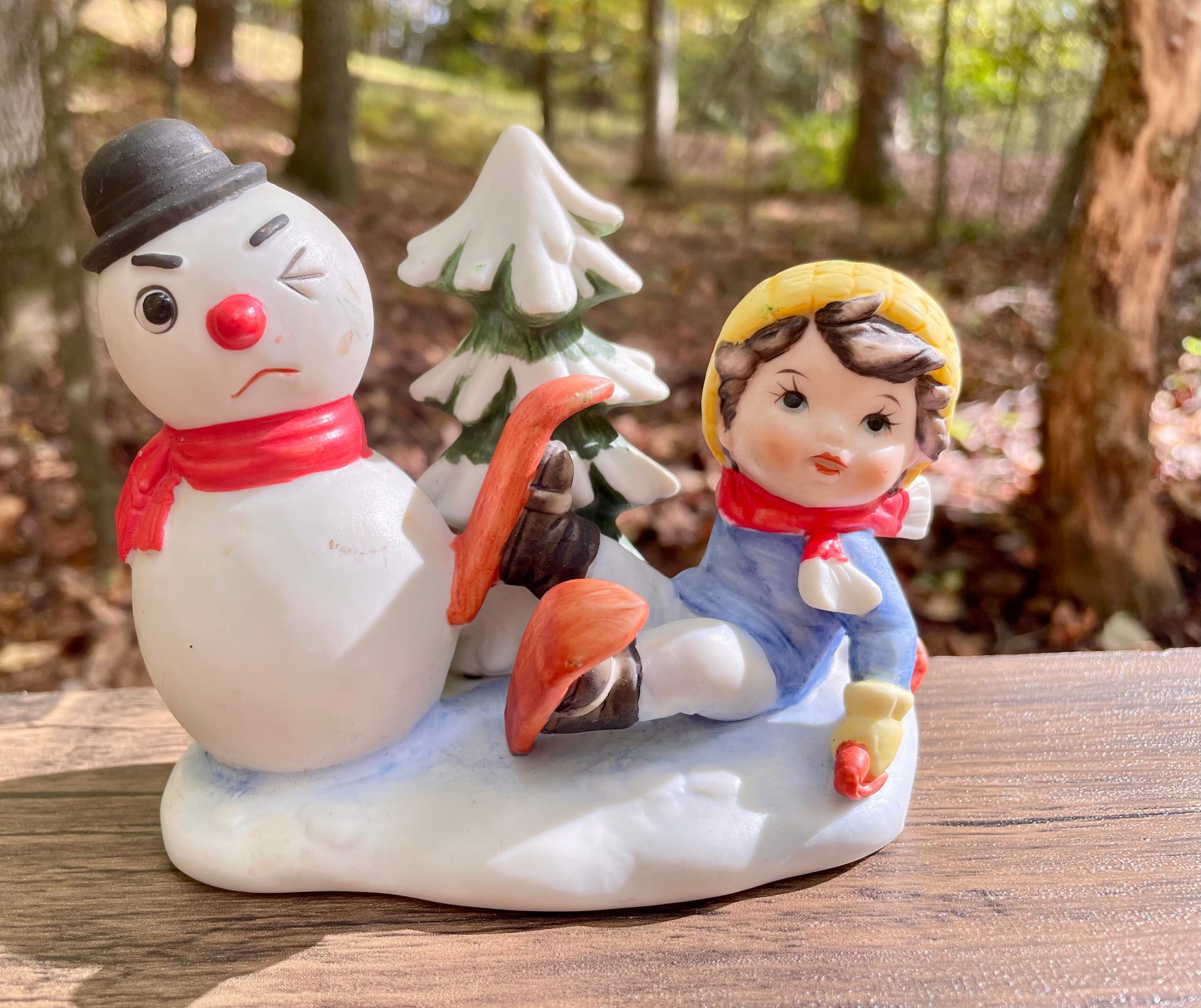 vintage UCGCO ceramic Christmas Figurine little boy in beanie snowman winking christmas tree thebrokenbirdcompany free shipping mid century modern christmas decor MCM Figurine vintage Christmas decor cute snowman winking 