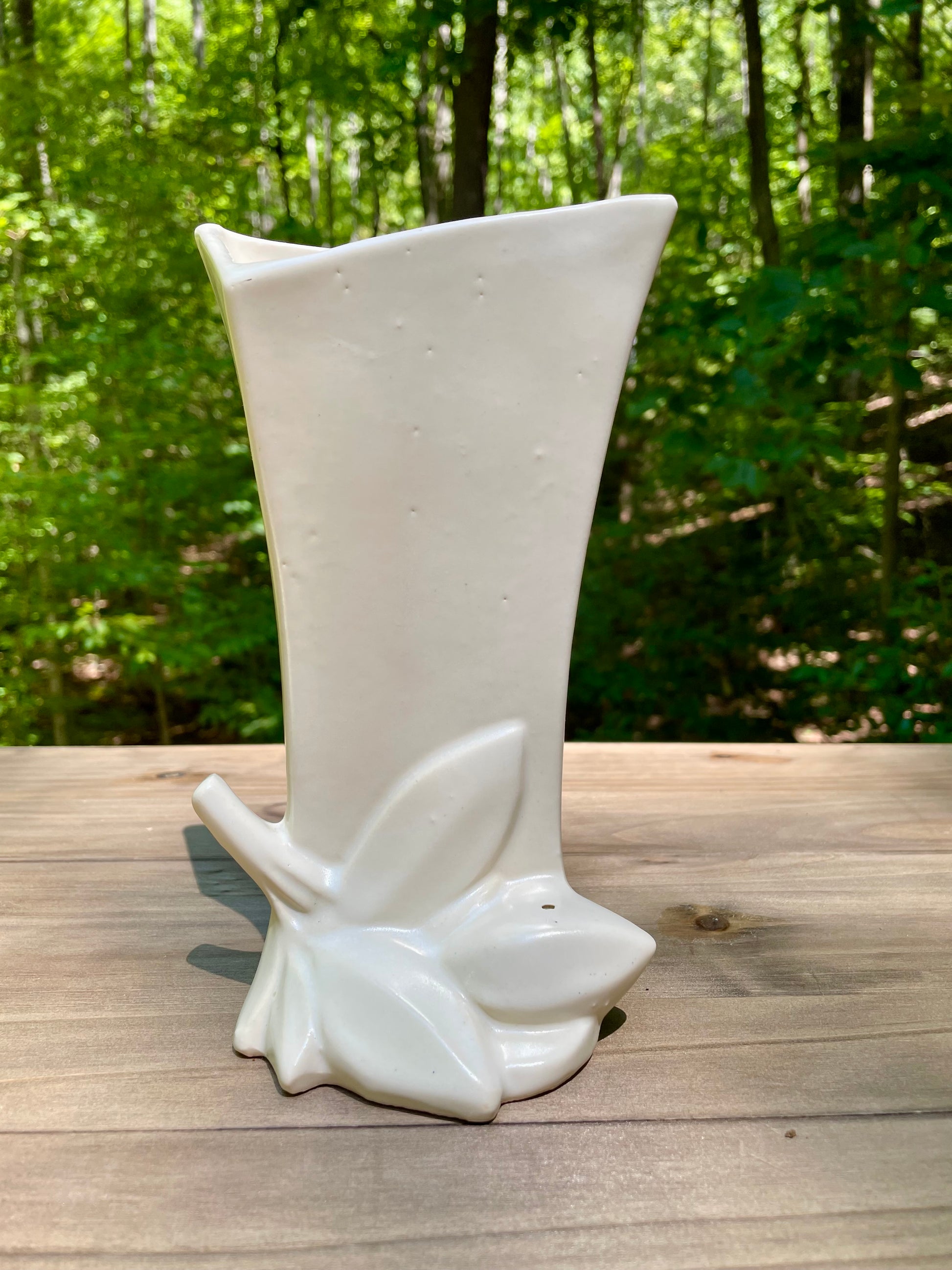 mccoy pottery, vintage mccoy, mccoy vase, nelson mccoy, mid century pottery, matte white vase, cream pottery vase, leaf base vase, art pottery vase, 1940s pottery, 1950s decor, vintage ceramic vase, mccoy usa, mid century modern, organic vase, floral vase, collectible pottery, american pottery, ohio pottery, rustic vase, textured vase, farmhouse decor, boho vase, vintage home decor