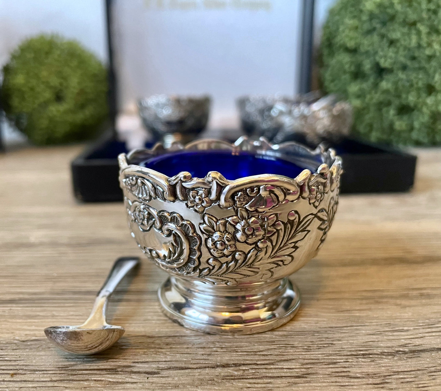 Vintage f b Rogers silver company salt sellers condiment cups party serving ware cobalt blue glass silver spoons and cups sauce cups blue glass vintage kitchenware free shipping silver and blue kitchenware party supplies wedding serving Thebrokenbirdcompany
