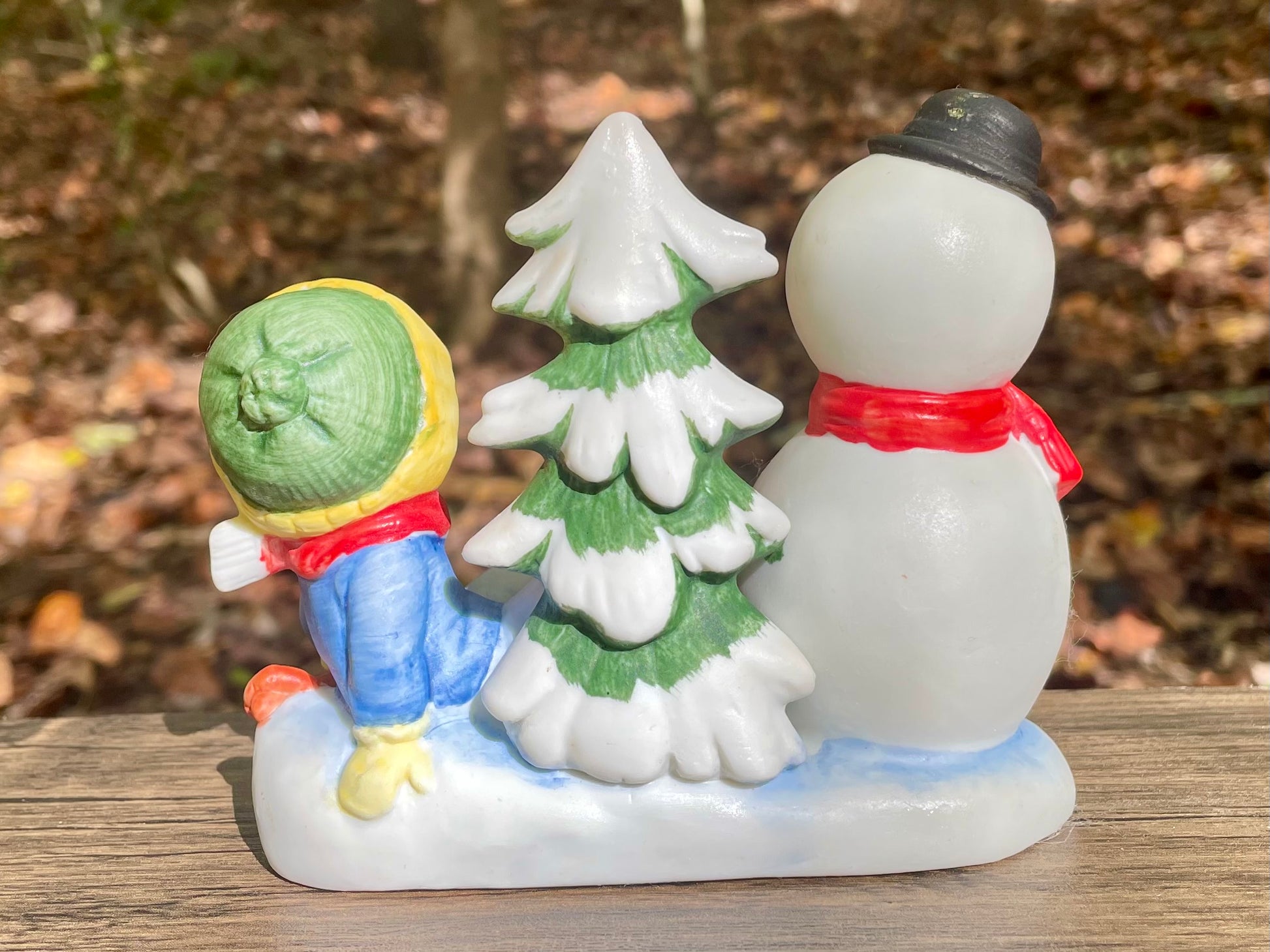 vintage UCGCO ceramic Christmas Figurine little boy in beanie snowman winking christmas tree hand painted 4 inch christmas decor ornament home decor vintage christmas gift Thebrokenbirdcompany free shipping 