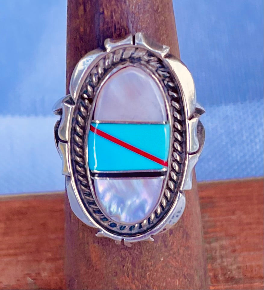 vintage Zuni ring
Zuni inlay ring
sterling silver ring
turquoise ring
Native American jewelry
multi stone ring
coral jet mother of pearl
Southwestern jewelry
channel inlay jewelry
vintage silver ring
Zuni Pueblo craftsmanship
boho ring
handmade Native ring
turquoise coral jewelry
vintage bohemian ring
Thebrokenbirdcompany 
Free shipping
Gift for her 