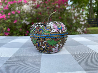 cloisonne trinket box, vintage cloisonne, apple shaped trinket box, chinese enamel box, floral cloisonne decor, gilded brass apple box, antique style trinket holder, enamel jewelry box, oriental apple container, collectible cloisonne apple, mid century chinese export, colorful enamel keepsake box, brass and enamel decor, asian vintage trinket, pink floral apple box Cloisonné Apple trinket box brass mid century modern