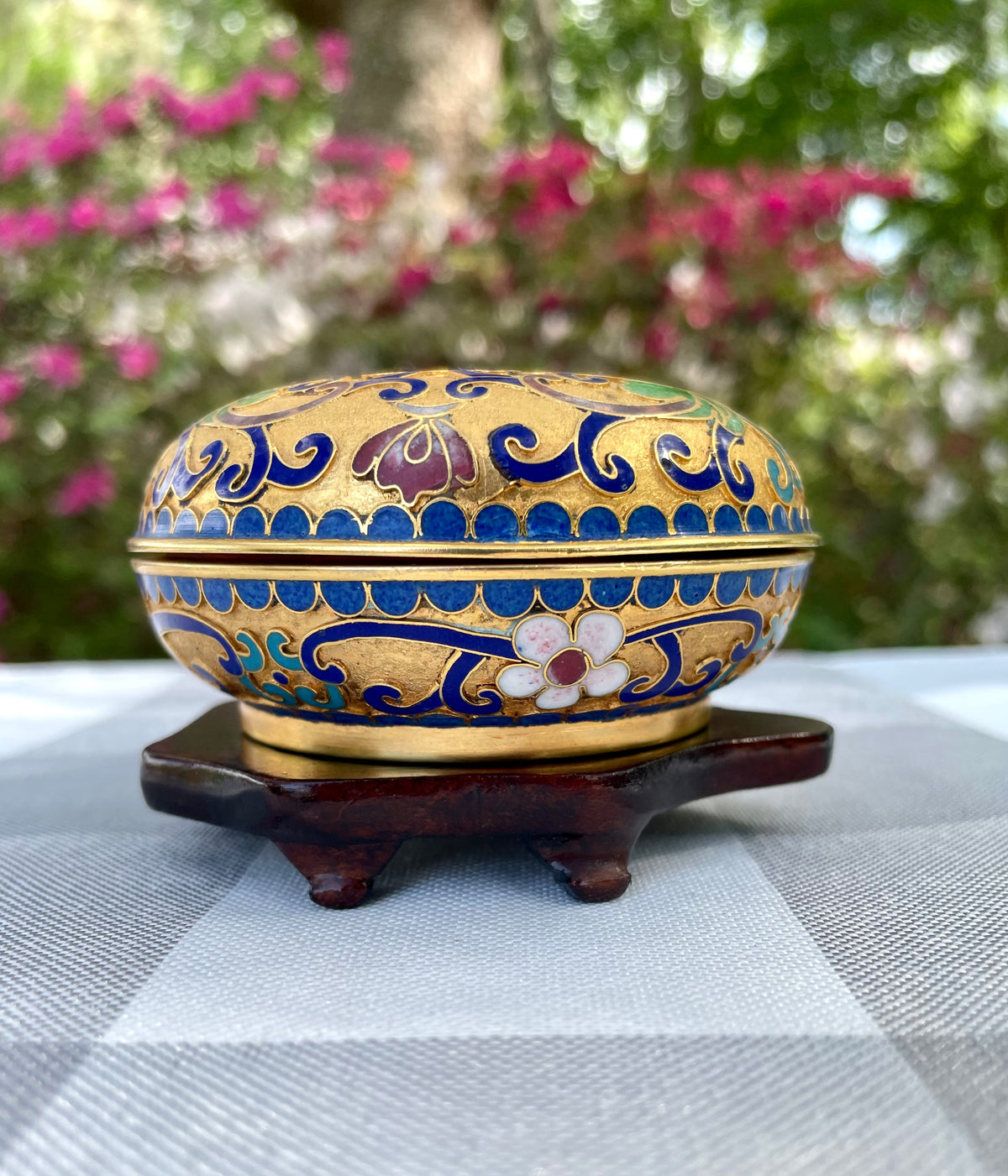 Vintage Cloisonné powder jar enamel paint lily flower floral cloisonné, Chinese cloisonne, cloisonne enamel, vintage cloisonne, powder jar, powder box, trinket box, jewelry box, keepsake box, Asian decor, chinoiserie, gold floral, turquoise enamel, blue enamel interior, floral cloisonne, Chinese enamel box, mid century Asian, Oriental box, enamel jar, gilt cloisonne, 3 inch cloisonne Thebrokenbirdcompany free shipping Christmas gift 
