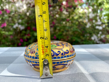 Vintage Cloisonné powder jar enamel paint lily flower floral cloisonné, Chinese cloisonne, cloisonne enamel, vintage cloisonne, powder jar, powder box, trinket box, jewelry box, keepsake box, Asian decor, chinoiserie, gold floral, turquoise enamel, blue enamel interior, floral cloisonne, Chinese enamel box, mid century Asian, Oriental box, enamel jar, gilt cloisonne, 3 inch cloisonne Thebrokenbirdcompany free shipping Christmas gift 