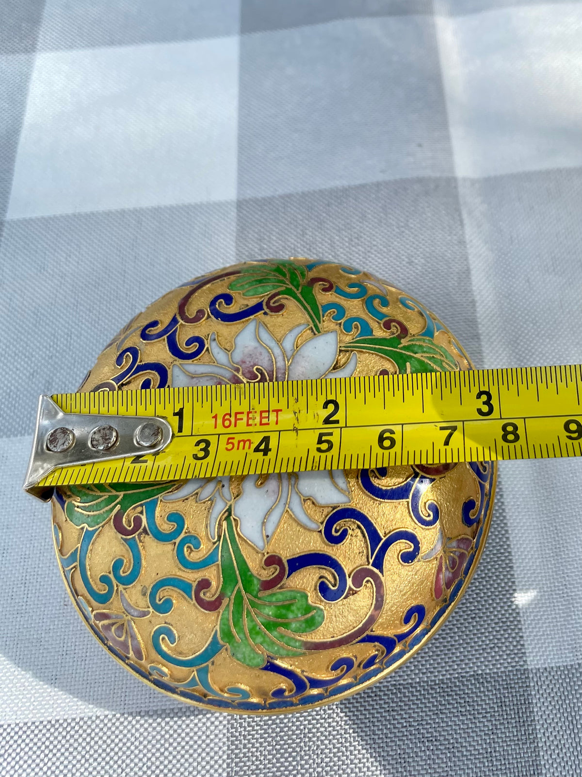 Vintage Cloisonné powder jar enamel paint lily flower floral cloisonné, Chinese cloisonne, cloisonne enamel, vintage cloisonne, powder jar, powder box, trinket box, jewelry box, keepsake box, Asian decor, chinoiserie, gold floral, turquoise enamel, blue enamel interior, floral cloisonne, Chinese enamel box, mid century Asian, Oriental box, enamel jar, gilt cloisonne, 3 inch cloisonne Thebrokenbirdcompany free shipping Christmas gift 