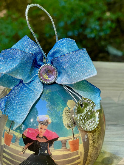 1998 holiday Barbie Christmas ornament blue bow silver tag gift for mom vintage Barbie collector Barbie lover gift Thebrokenbirdcompany Black dress Barbie Christmas decor free shipping 