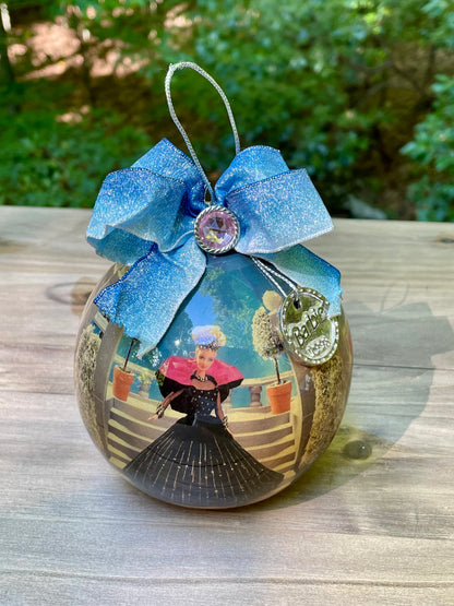 1998 holiday Barbie Christmas ornament blue bow silver tag gift for mom vintage Barbie collector Barbie lover gift Thebrokenbirdcompany Black dress Barbie Christmas decor free shipping 