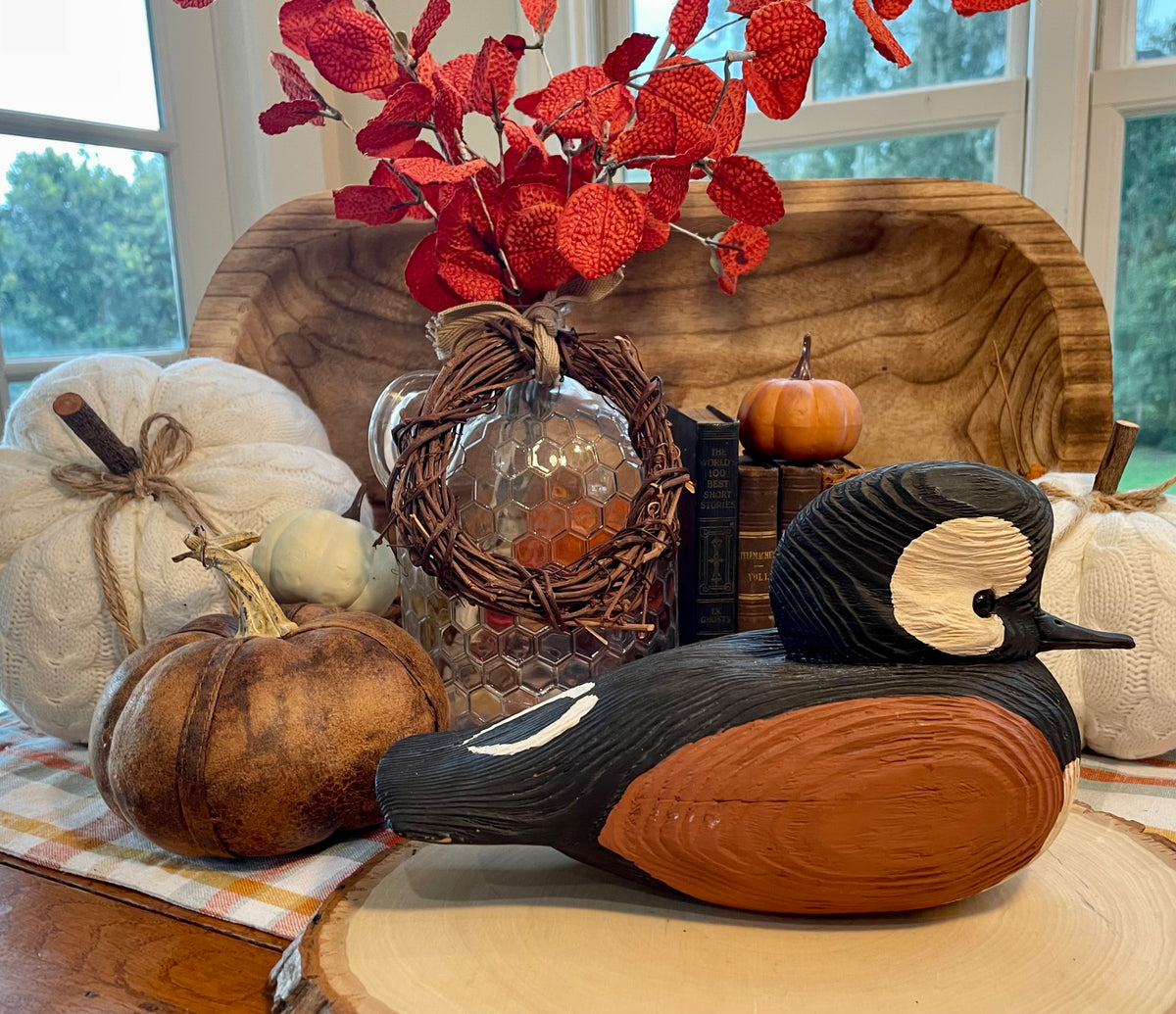 Vintage Wood Carved Hooded Merganser Duck Decoy Country Home Decor vintage duck decoy, hooded merganser decoy, hand carved wooden duck, painted wood duck decoy, folk art decoy, decorative duck sculpture, rustic home decor, lodge decor, cabin decor, waterfowl art, hunting memorabilia, wooden bird carving, merganser duck, vintage folk art, solid wood decoy, 9 inch duck decoy, American folk art bird carved duck gift for hunter man cave decor Thebrokenbirdcompany free shipping Christmas gift birthday gift 