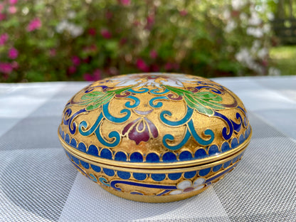 Vintage Cloisonné powder jar enamel paint lily flower floral cloisonné, Chinese cloisonne, cloisonne enamel, vintage cloisonne, powder jar, powder box, trinket box, jewelry box, keepsake box, Asian decor, chinoiserie, gold floral, turquoise enamel, blue enamel interior, floral cloisonne, Chinese enamel box, mid century Asian, Oriental box, enamel jar, gilt cloisonne, 3 inch cloisonne Thebrokenbirdcompany free shipping Christmas gift 