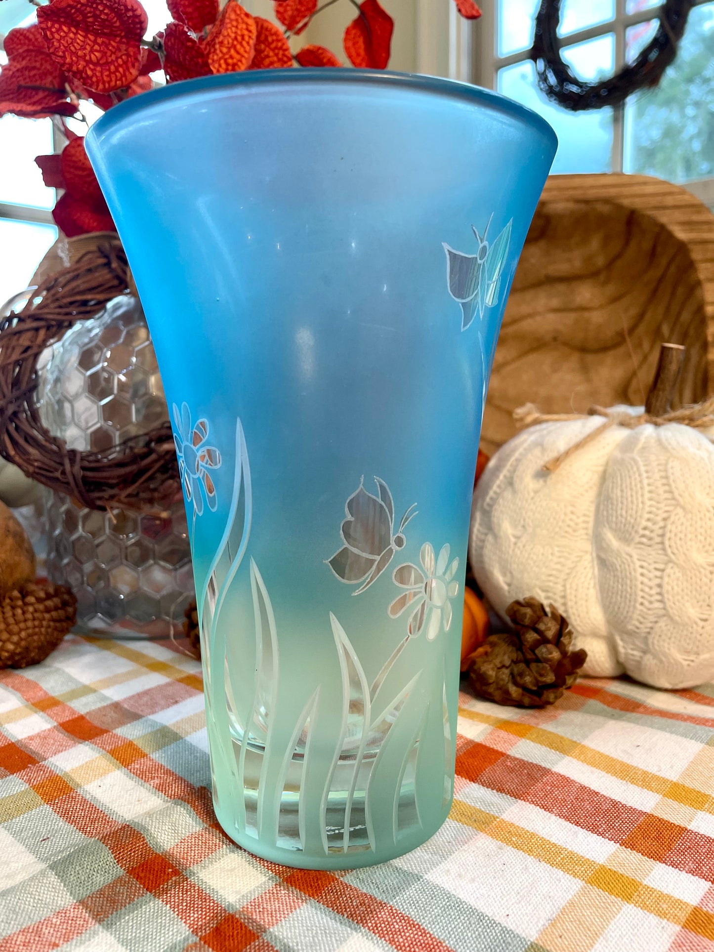 lenox vase, vintage lenox, spring’s delight vase, ombre vase, crystal vase
blue  green ombre vase, frosted crystal vase, etched butterfly vase, floral etched vase, meadow flowers vase, teal gradient vase vintage lenox butterfly flowers vase,  lenox crystal vase, lenox spring delight, blue teal frosted vase Thebrokenbirdcompany free shipping