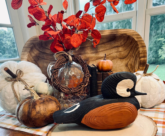 Vintage Wood Carved Hooded Merganser Duck Decoy Country Home Decor vintage duck decoy, hooded merganser decoy, hand carved wooden duck, painted wood duck decoy, folk art decoy, decorative duck sculpture, rustic home decor, lodge decor, cabin decor, waterfowl art, hunting memorabilia, wooden bird carving, merganser duck, vintage folk art, solid wood decoy, 9 inch duck decoy, American folk art bird carved duck gift for hunter man cave decor Thebrokenbirdcompany free shipping Christmas gift birthday gift 