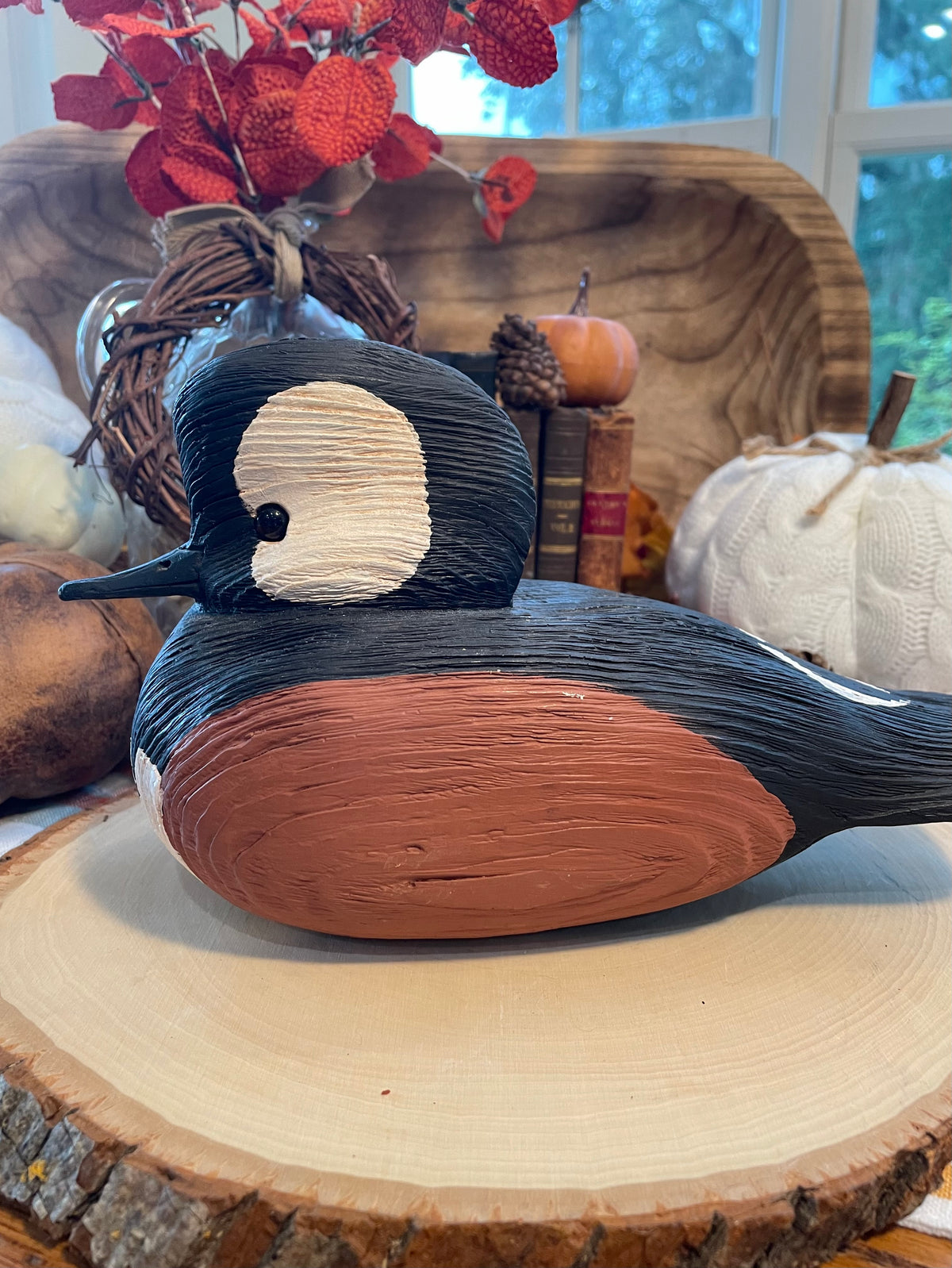 vintage duck decoy, hooded merganser decoy, hand carved wooden duck, painted wood duck decoy, folk art decoy, decorative duck sculpture, rustic home decor, lodge decor, cabin decor, waterfowl art, hunting memorabilia, wooden bird carving, merganser duck, vintage folk art, solid wood decoy, 9 inch duck decoy, American folk art bird, mantel decor, shelf sitter duck Thebrokenbirdcompany free shipping Christmas gift birthday gift 