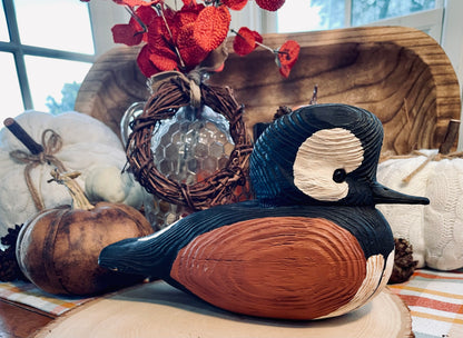 vintage duck decoy, hooded merganser decoy, hand carved wooden duck, painted wood duck decoy, folk art decoy, decorative duck sculpture, rustic home decor, lodge decor, cabin decor, waterfowl art, hunting memorabilia, wooden bird carving, merganser duck, vintage folk art, solid wood decoy, 9 inch duck decoy, American folk art bird, mantel decor, shelf sitter duck Thebrokenbirdcompany free shipping Christmas gift birthday gift 