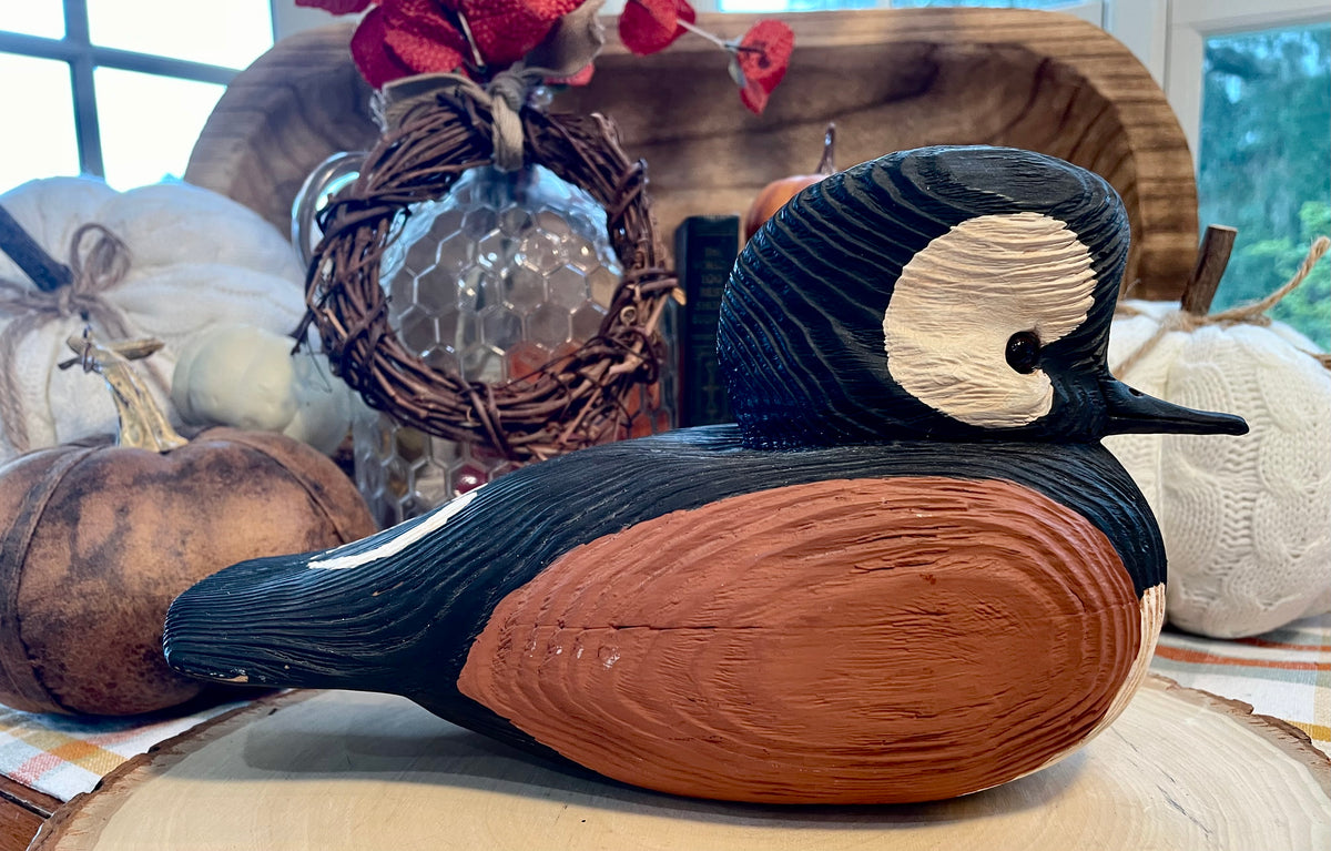 Vintage Wood Carved Hooded Merganser Duck Decoy Country Home Decor vintage duck decoy, hooded merganser decoy, hand carved wooden duck, painted wood duck decoy, folk art decoy, decorative duck sculpture, rustic home decor, lodge decor, cabin decor, waterfowl art, hunting memorabilia, wooden bird carving, merganser duck, vintage folk art, solid wood decoy, 9 inch duck decoy, American folk art bird carved duck gift for hunter man cave decor Thebrokenbirdcompany free shipping Christmas gift birthday gift 