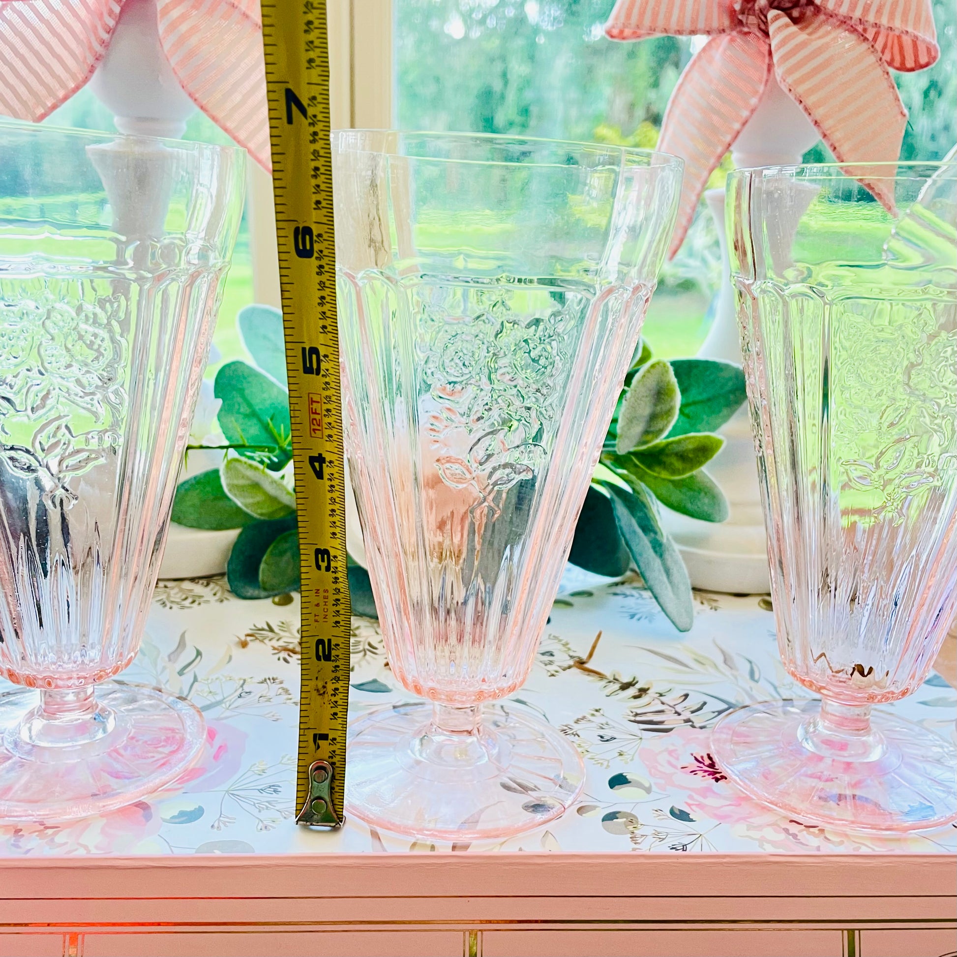 Antique Anchor Hocking Mayfair Open Rose Pink Depression Glass Footed Iced Tea Cups 3 Thebrokenbirdcompany pink ice tea glasses antique glass roses embossed on the sides of the cup with a round pedestal base with lateral lines pressed bottom glass