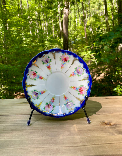 antique-nippon saucer-japanese-porcelain-plate-cobalt-blue-rim-dish-gold-moriage-accents-hand-painted-floral-design-tea-saucer vintage gift rare decorative plate thebrokenbirdcompany gift for her cobalt blue plate