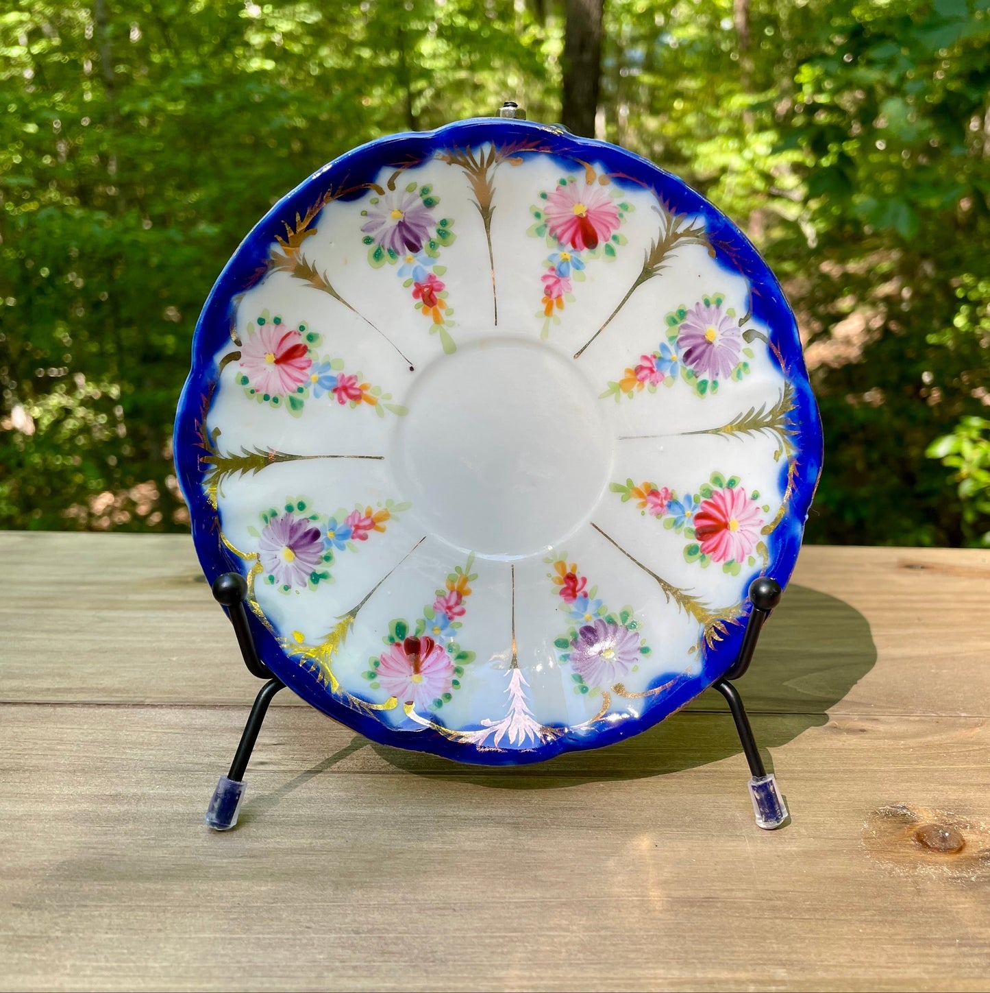 antique-nippon saucer-japanese-porcelain-plate-cobalt-blue-rim-dish-gold-moriage-accents-hand-painted-floral-design-tea-saucer vintage gift rare decorative plate thebrokenbirdcompany gift for her cobalt blue plate
