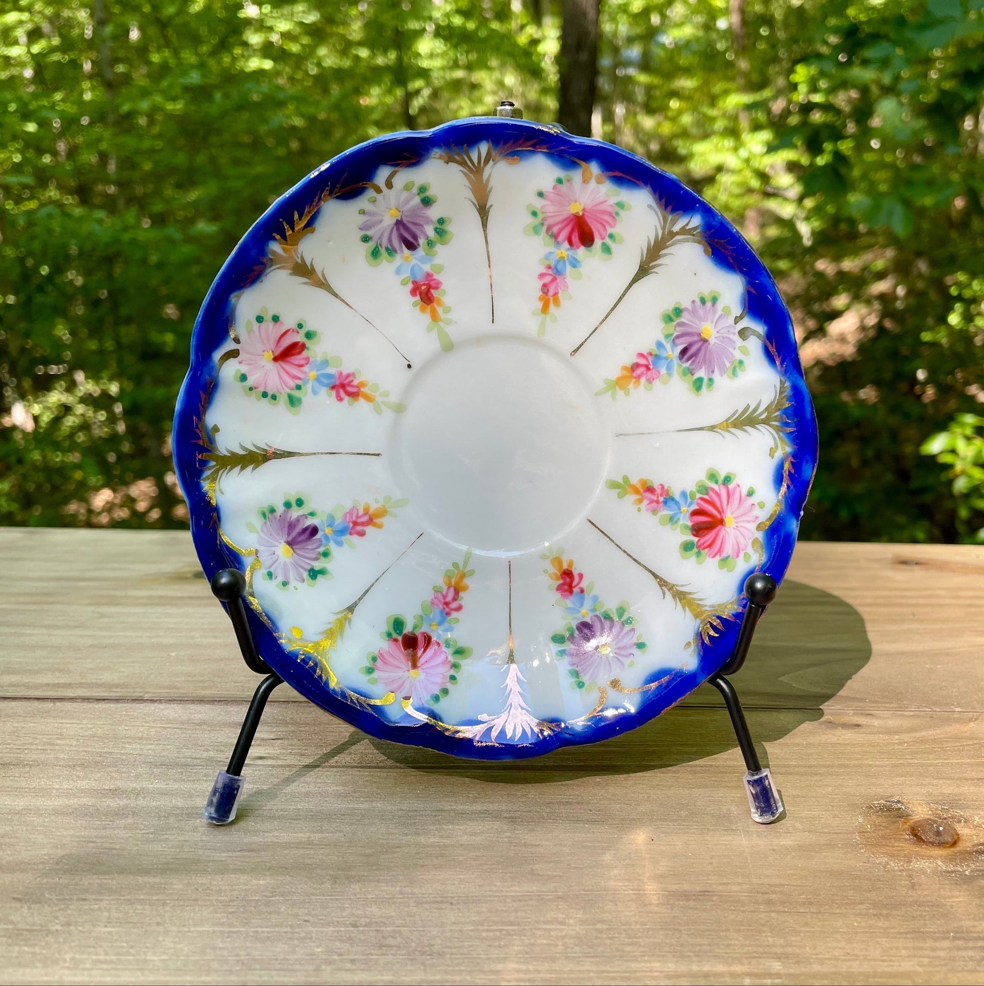 antique-nippon saucer-japanese-porcelain-plate-cobalt-blue-rim-dish-gold-moriage-accents-hand-painted-floral-design-tea-saucer vintage gift rare decorative plate thebrokenbirdcompany gift for her cobalt blue plate
