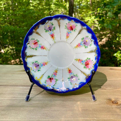 antique-nippon saucer-japanese-porcelain-plate-cobalt-blue-rim-dish-gold-moriage-accents-hand-painted-floral-design-tea-saucer vintage gift rare decorative plate thebrokenbirdcompany gift for her cobalt blue plate