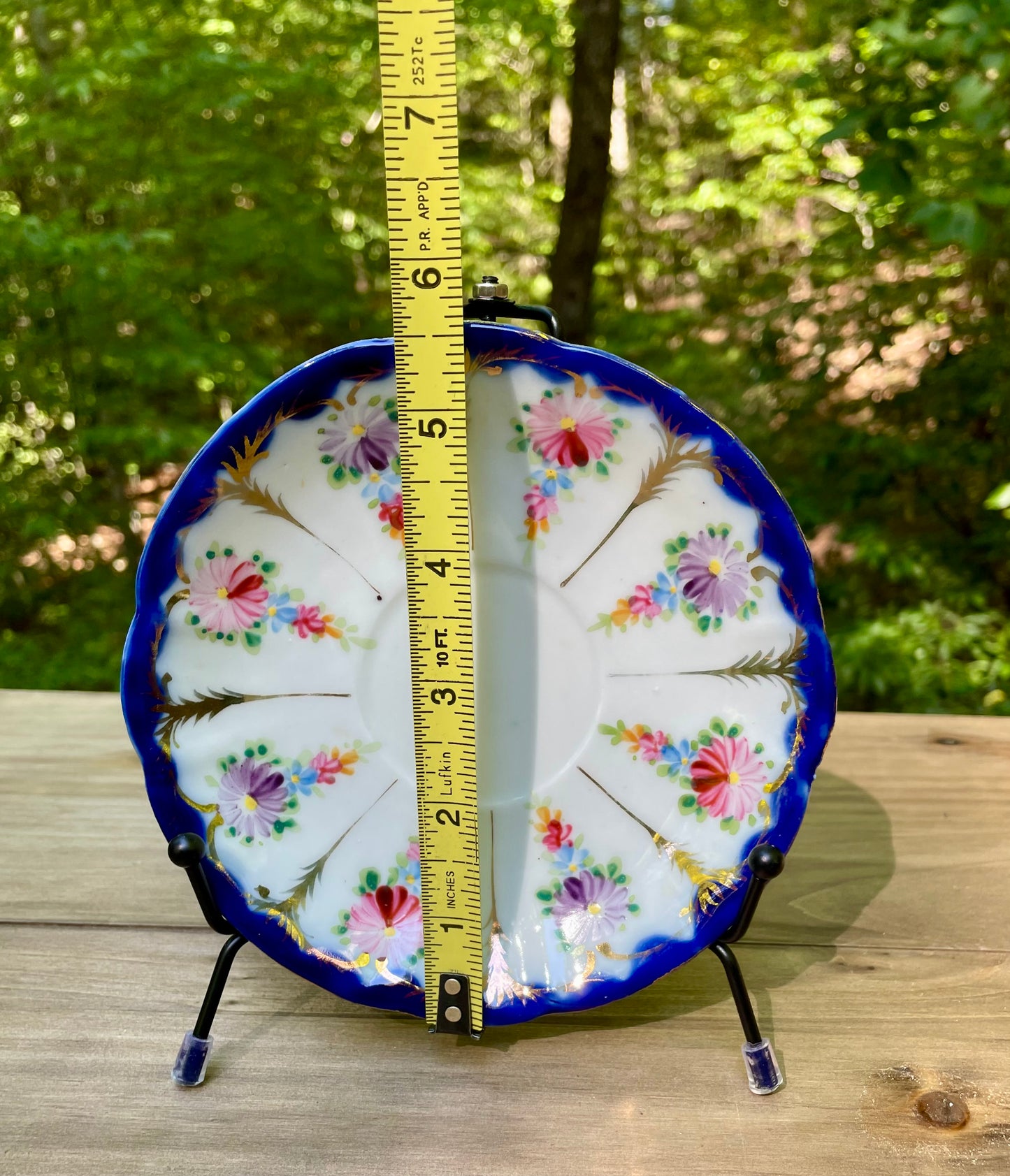antique-nippon saucer-japanese-porcelain-plate-cobalt-blue-rim-dish-gold-moriage-accents-hand-painted-floral-design-tea-saucer vintage gift rare decorative plate thebrokenbirdcompany gift for her cobalt blue plate