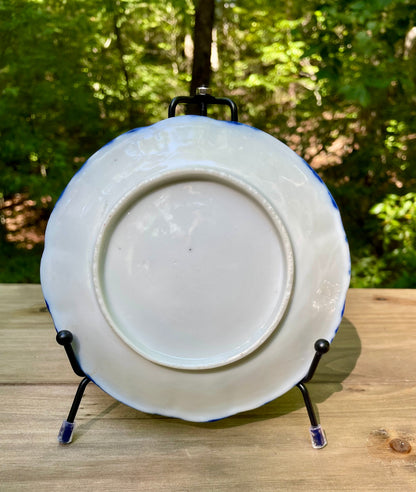 antique-nippon saucer-japanese-porcelain-plate-cobalt-blue-rim-dish-gold-moriage-accents-hand-painted-floral-design-tea-saucer vintage gift rare decorative plate thebrokenbirdcompany gift for her cobalt blue plate