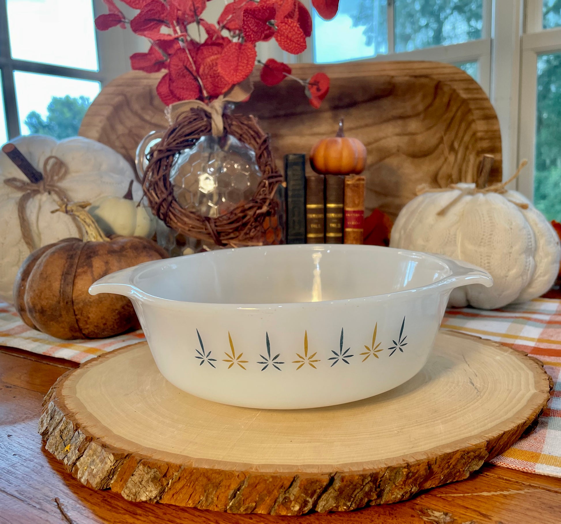 antique anchor hocking atomic starburst 1 quart casserole dish white milk glass vintage casserole dish milk glass kitchenware Thebrokenbirdcompany unique birthday gift orange and blue star burst dish cooking ware vintage kitchen vintage milk glass