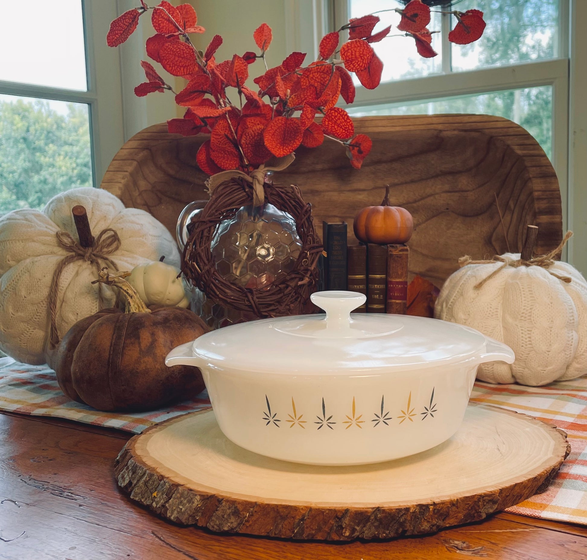 antique anchor hocking atomic starburst 1 quart casserole dish white milk glass vintage casserole dish milk glass kitchenware Thebrokenbirdcompany unique birthday gift orange and blue star burst dish cooking ware vintage kitchen vintage milk glass