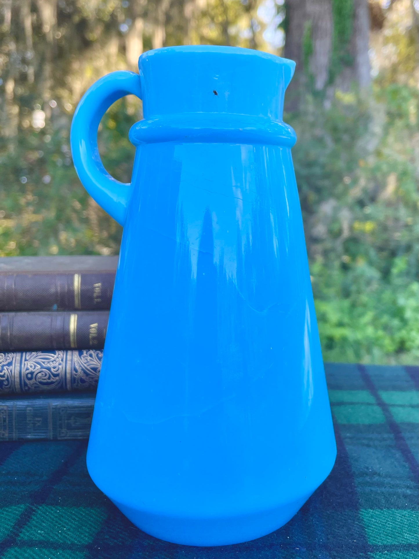 vintage french opaline pitcher, blue opaline glass pitcher, antique french opaline, raised base mark glass, swirl mark opaline, portieux vallerysthal style, 6 inch blue opaline jug, hand blown french pitcher, robins egg blue creamer, embossed mold mark glassware, collectible french milk glass, turquoise opaline pitcher, victorian blue opaline, french opaline with base mark victorian decor french victorian decor 19th century antiques ocean blue glass thebrokenbirdcompany free shipping