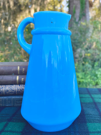 vintage french opaline pitcher, blue opaline glass pitcher, antique french opaline, raised base mark glass, swirl mark opaline, portieux vallerysthal style, 6 inch blue opaline jug, hand blown french pitcher, robins egg blue creamer, embossed mold mark glassware, collectible french milk glass, turquoise opaline pitcher, victorian blue opaline, french opaline with base mark victorian decor french victorian decor 19th century antiques ocean blue glass thebrokenbirdcompany free shipping