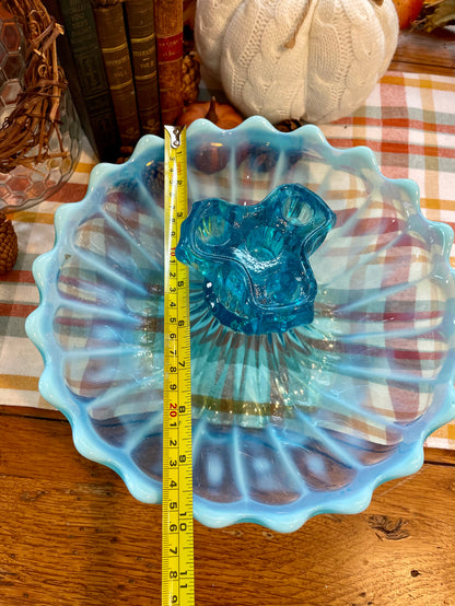 antique blue glass ruffle edge centerpiece candle holder decor home decor rare glass antique blue glass thebrokenbrdcompany 