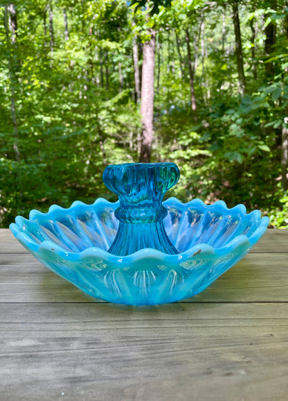 antique blue pearline blown glass 3 prong candle holder center piece blue and white glass rare blue glass kitchen decor housewarming gift for her rare home decor christmas gift housewarming gift 1900s piece holiday decor birthday gift beautiful glass free shipping in the USA thebrokenbirdcompany