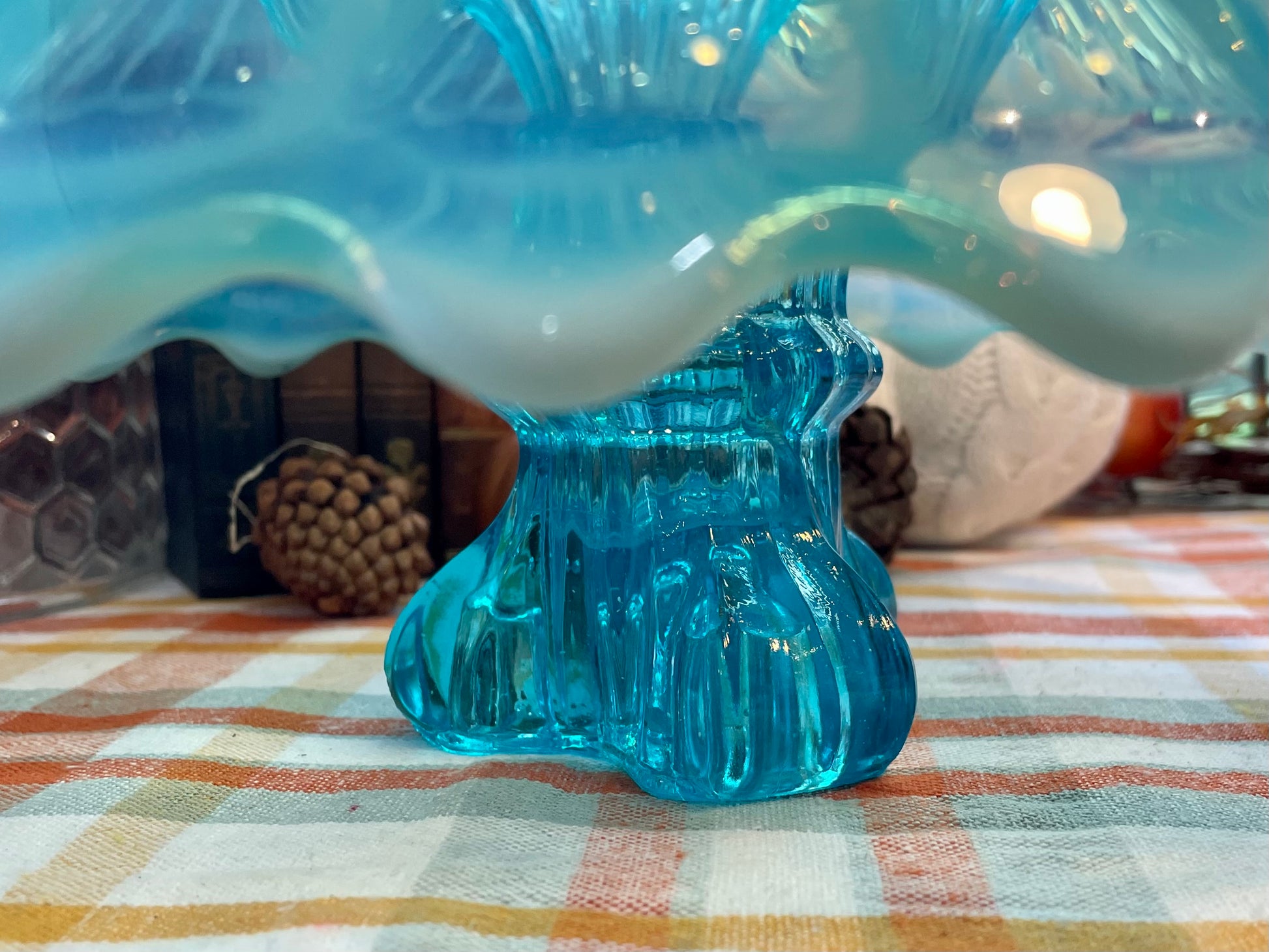 Antique rare blue glass centerpiece kitchen home decor baby blue glass  gift ruffle edge  Fenton glass Fenton blue glass Thebrokenbirdcompany’s birthday candle holder vase  large blue and white centerpiece gift mom grandma farmhouse kitchen dining table centerpiece 