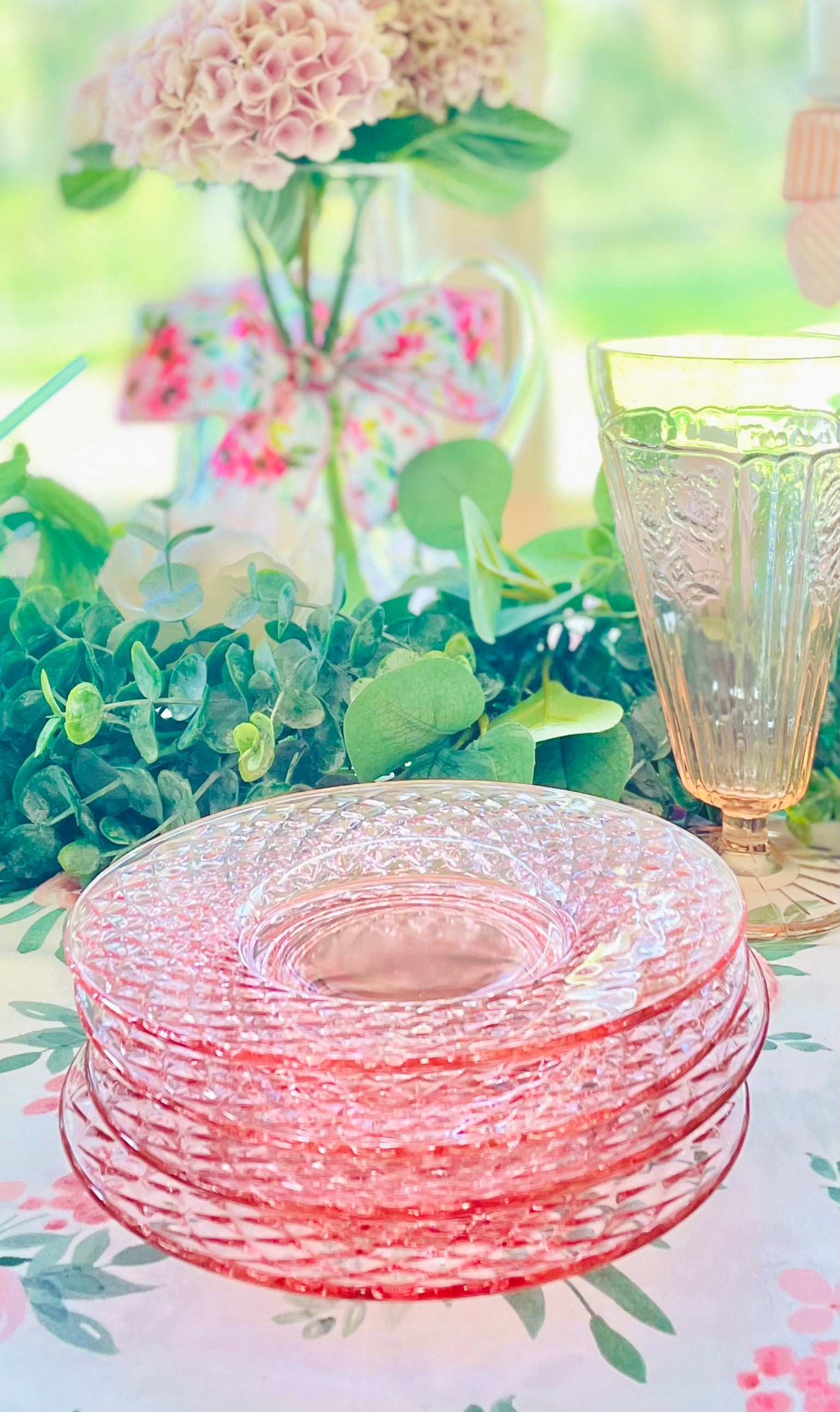 pink depression glass, diamond quilted pattern, imperial glass plates, vintage dessert plates, 1930s glassware, flat diamond glass, collectible pink glass, depression era tableware, quilted pink plates, antique glass set, retro pink dessert plates, art deco glassware, imperial glass diamond quilted, shabby chic decor, pink quilted depression glass Thebrokenbirdcompany gift antique glass