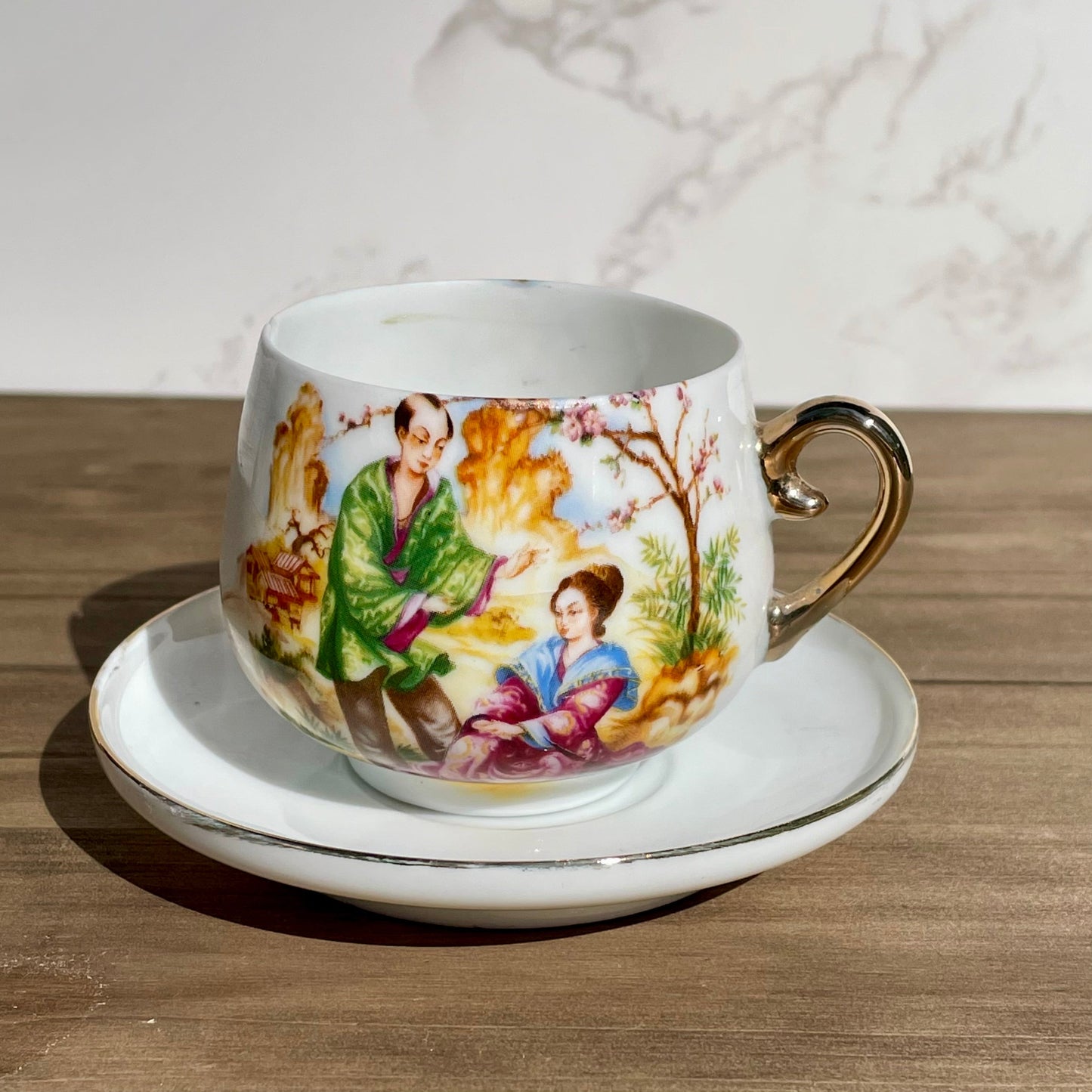 antique japanese lady lithophane kutani tea cup set had painted gold handle made in japan lithophane lady face on bottom of cup set of 4 rare cups Maryland China asain kitchen asain decor rare 1930s tea set free shipping christmas housewarming gift for her rare gift thebrokenbirdcompany