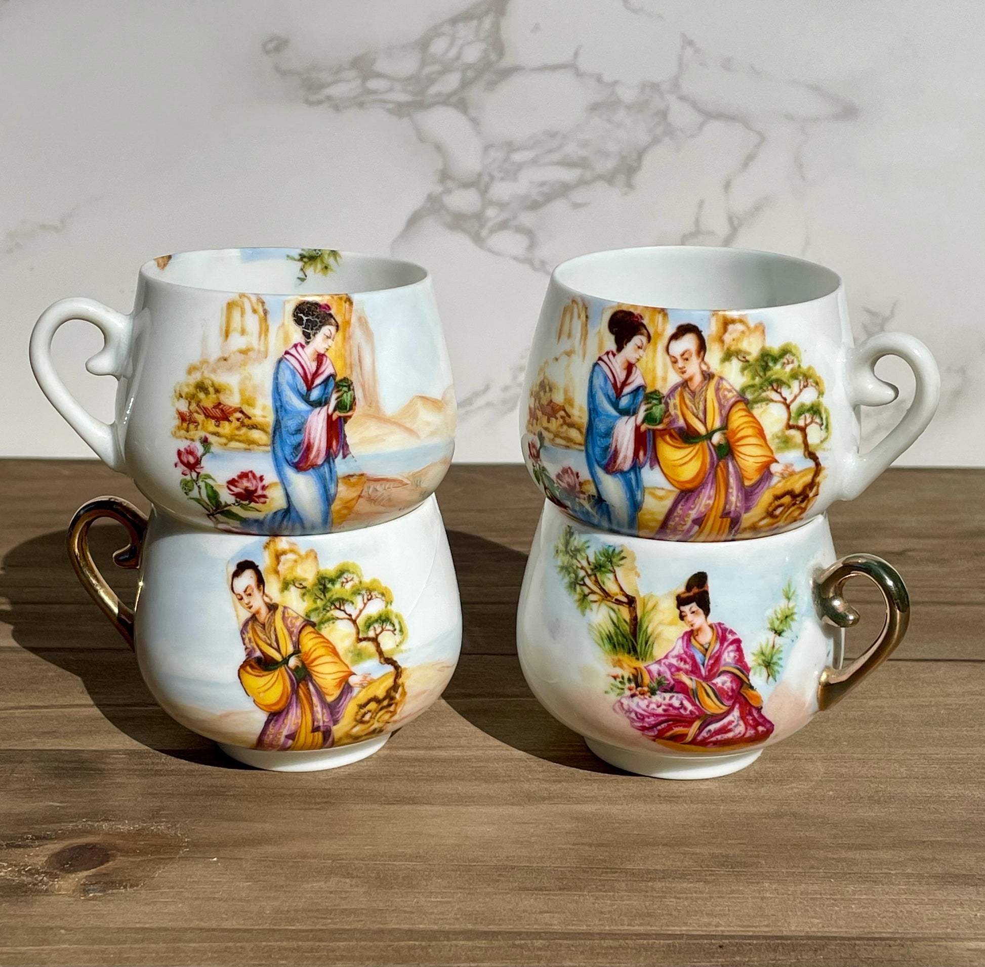 antique japanese lady lithophane kutani tea cup set had painted gold handle made in japan lithophane lady face on bottom of cup set of 4 rare cups Maryland China asain kitchen asain decor rare 1930s tea set free shipping christmas housewarming gift for her rare gift thebrokenbirdcompany