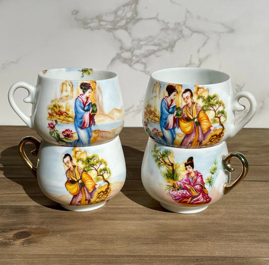 antique japanese lady lithophane kutani tea cup set had painted gold handle made in japan lithophane lady face on bottom of cup set of 4 rare cups Maryland China asain kitchen asain decor rare 1930s tea set free shipping christmas housewarming gift for her rare gift thebrokenbirdcompany