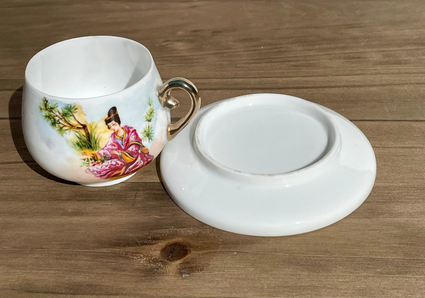 antique japanese lady lithophane kutani tea cup set had painted gold handle made in japan lithophane lady face on bottom of cup set of 4 rare cups Maryland China asain kitchen asain decor rare 1930s tea set free shipping christmas housewarming gift for her rare gift thebrokenbirdcompany