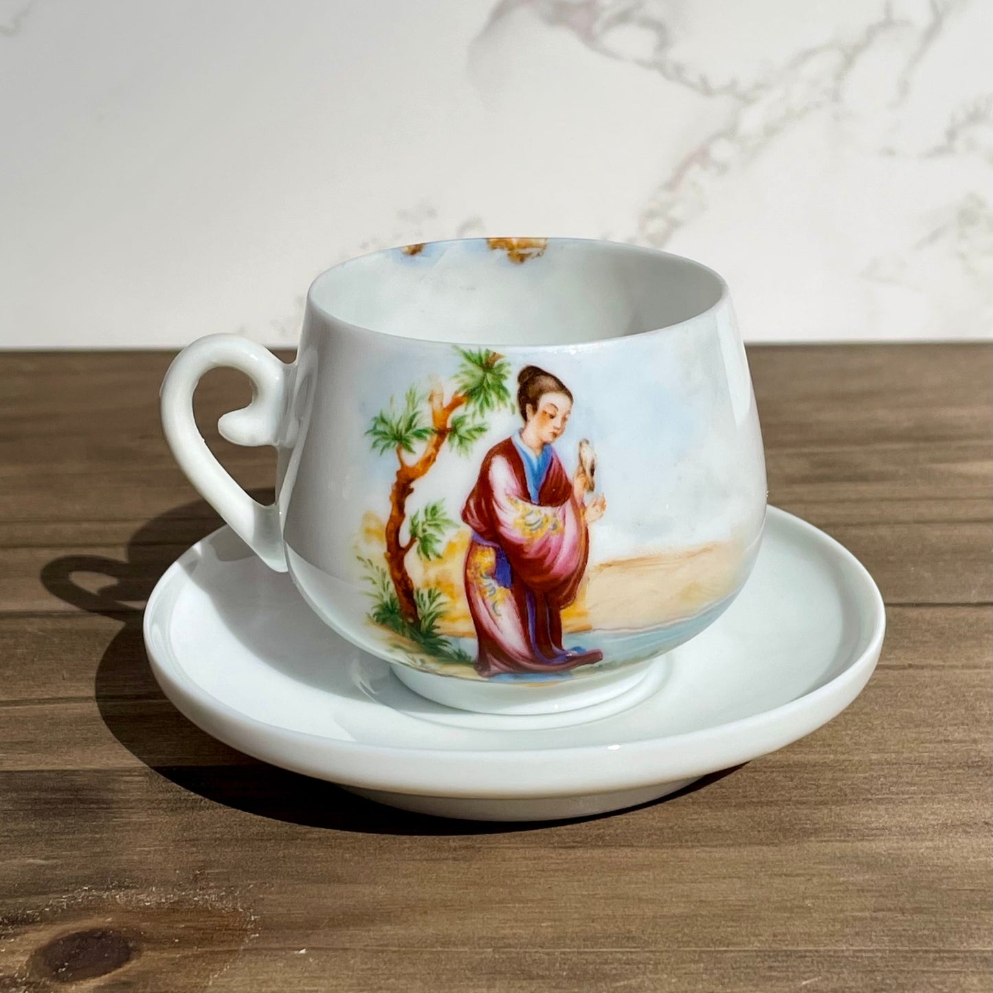 antique japanese lady lithophane kutani tea cup set had painted gold handle made in japan lithophane lady face on bottom of cup set of 4 rare cups Maryland China asain kitchen asain decor rare 1930s tea set free shipping christmas housewarming gift for her rare gift thebrokenbirdcompany