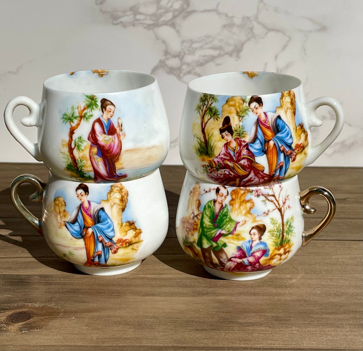 antique japanese lady lithophane kutani tea cup set had painted gold handle made in japan lithophane lady face on bottom of cup set of 4 rare cups Maryland China asain kitchen asain decor rare 1930s tea set free shipping christmas housewarming gift for her rare gift thebrokenbirdcompany