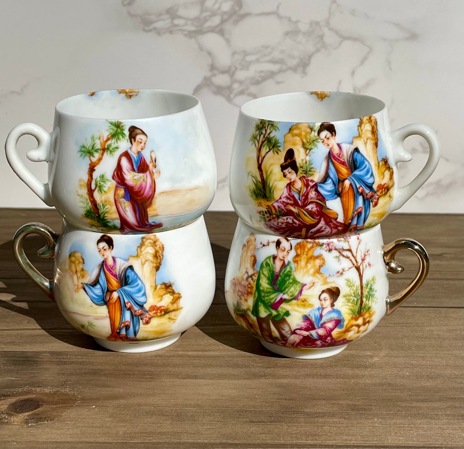 antique japanese lady lithophane kutani tea cup set had painted gold handle made in japan lithophane lady face on bottom of cup set of 4 rare cups Maryland China asain kitchen asain decor rare 1930s tea set free shipping christmas housewarming gift for her rare gift thebrokenbirdcompany