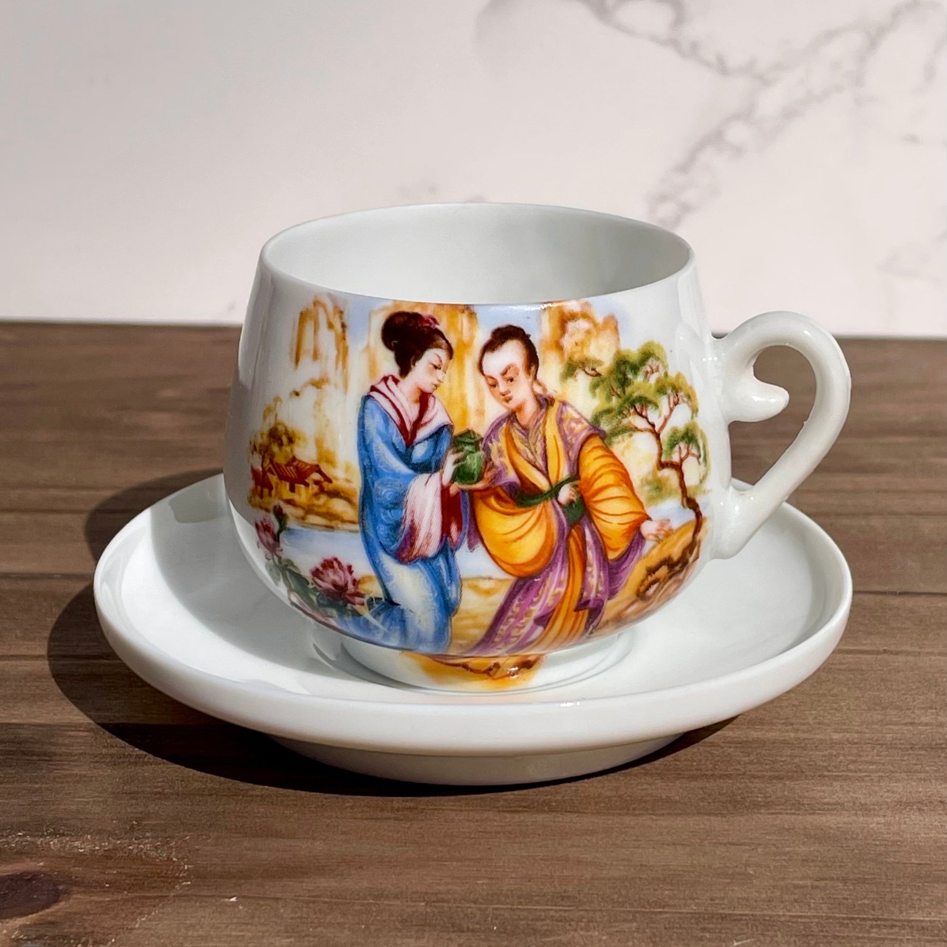 antique japanese lady lithophane kutani tea cup set had painted gold handle made in japan lithophane lady face on bottom of cup set of 4 rare cups Maryland China asain kitchen asain decor rare 1930s tea set free shipping christmas housewarming gift for her rare gift thebrokenbirdcompany