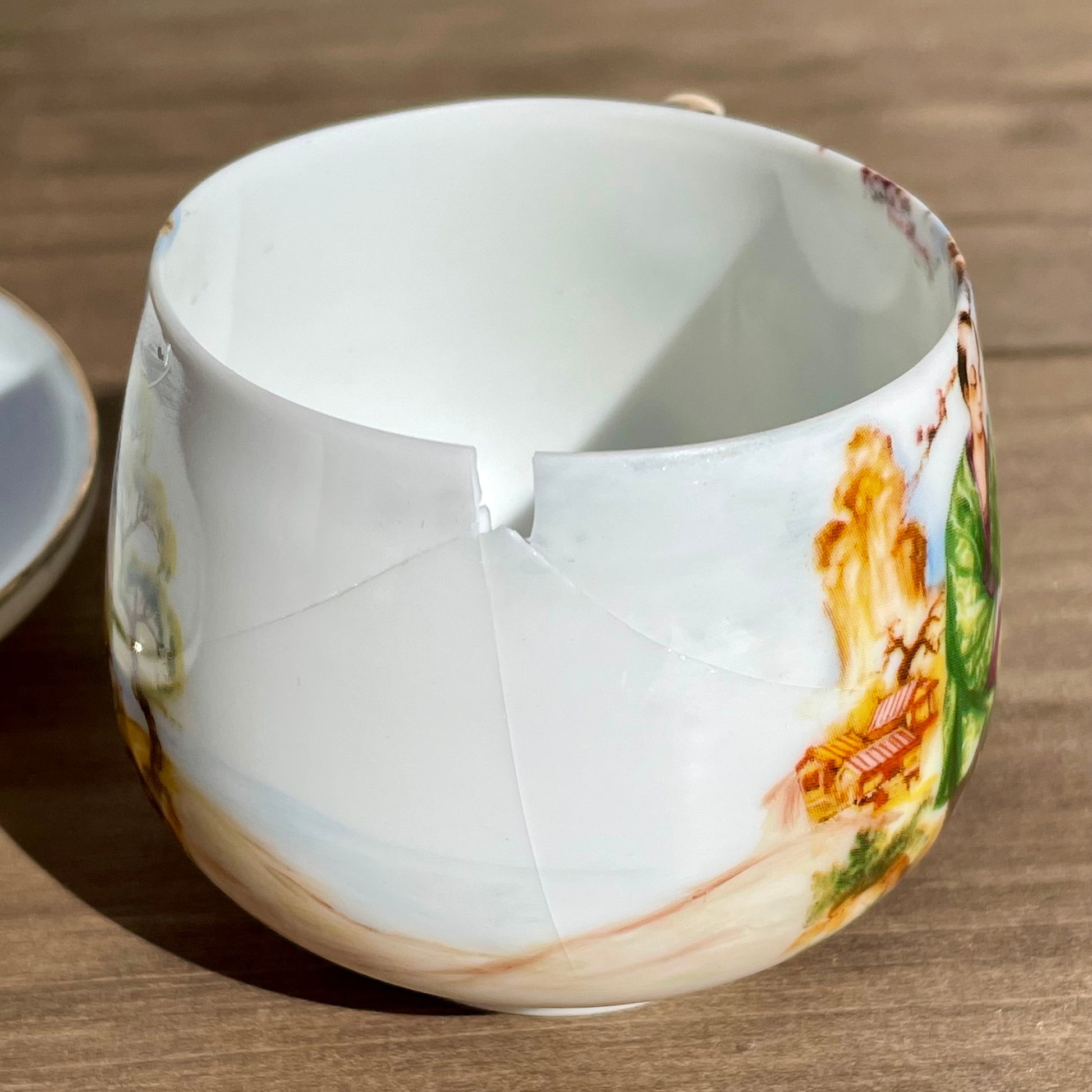 antique japanese lady lithophane kutani tea cup set had painted gold handle made in japan lithophane lady face on bottom of cup set of 4 rare cups Maryland China asain kitchen asain decor rare 1930s tea set free shipping christmas housewarming gift for her rare gift thebrokenbirdcompany