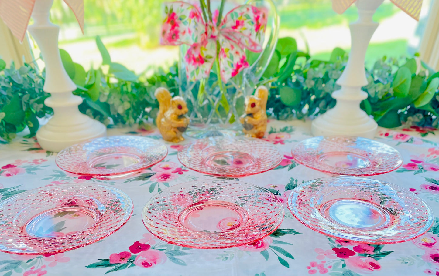 pink depression glass, diamond quilted pattern, imperial glass plates, vintage dessert plates, 1930s glassware, flat diamond glass, collectible pink glass, depression era tableware, quilted pink plates, antique glass set, retro pink dessert plates, art deco glassware, imperial glass diamond quilted, shabby chic decor, pink quilted depression glass Thebrokenbirdcompany gift antique glass