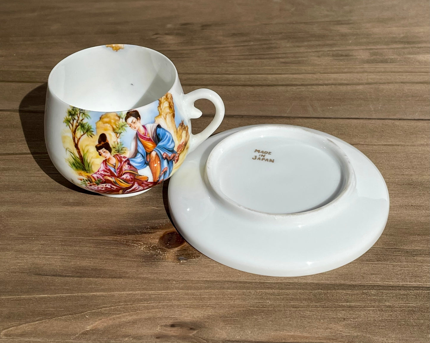 antique japanese lady lithophane kutani tea cup set had painted gold handle made in japan lithophane lady face on bottom of cup set of 4 rare cups Maryland China asain kitchen asain decor rare 1930s tea set free shipping christmas housewarming gift for her rare gift thebrokenbirdcompany made in japan