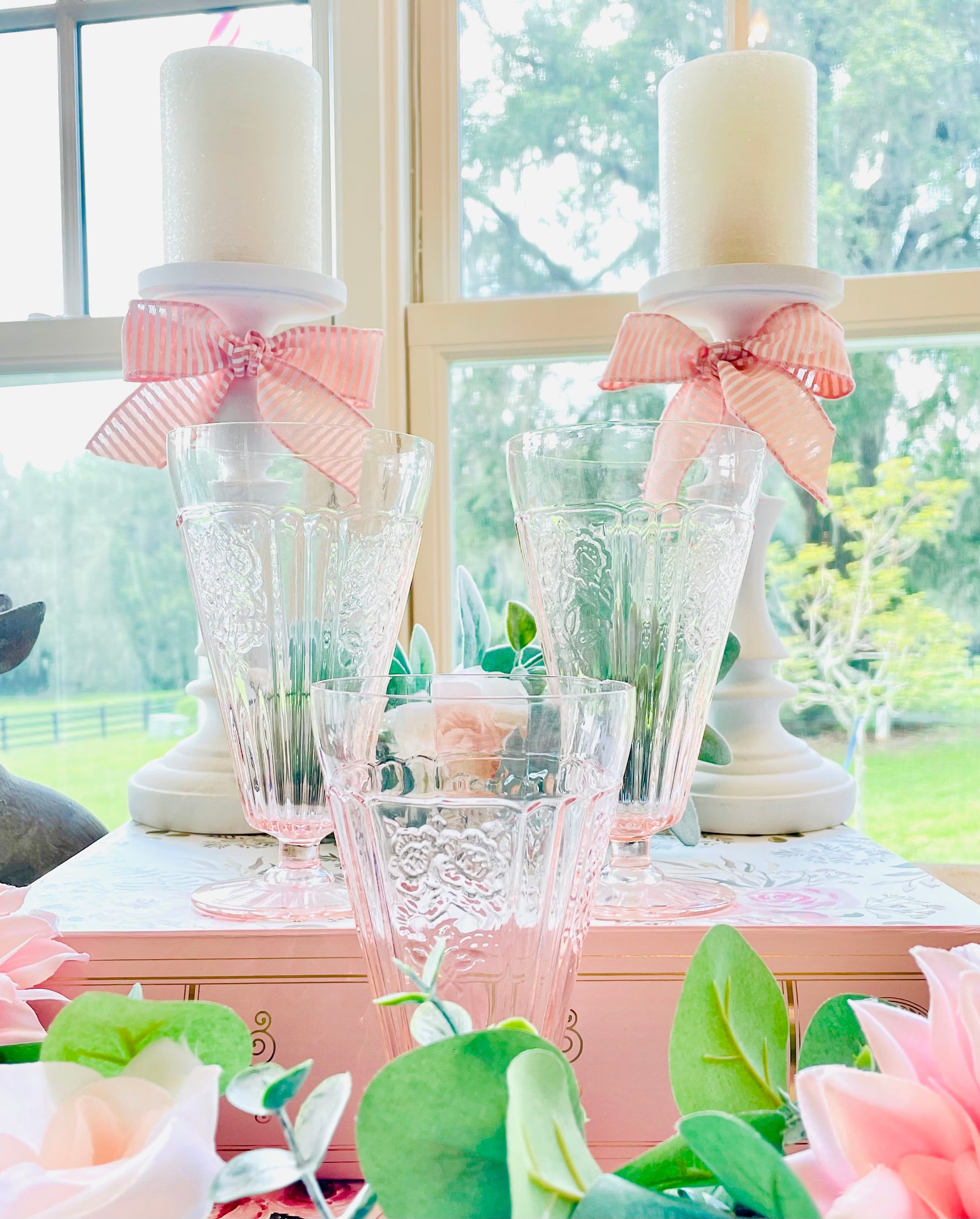 Antique Anchor Hocking Mayfair Open Rose Pink Depression Glass Footed Iced Tea Cups 3 Thebrokenbirdcompany pink ice tea glasses antique glass roses embossed on the sides of the cup with a round pedestal base with lateral lines pressed bottom glass