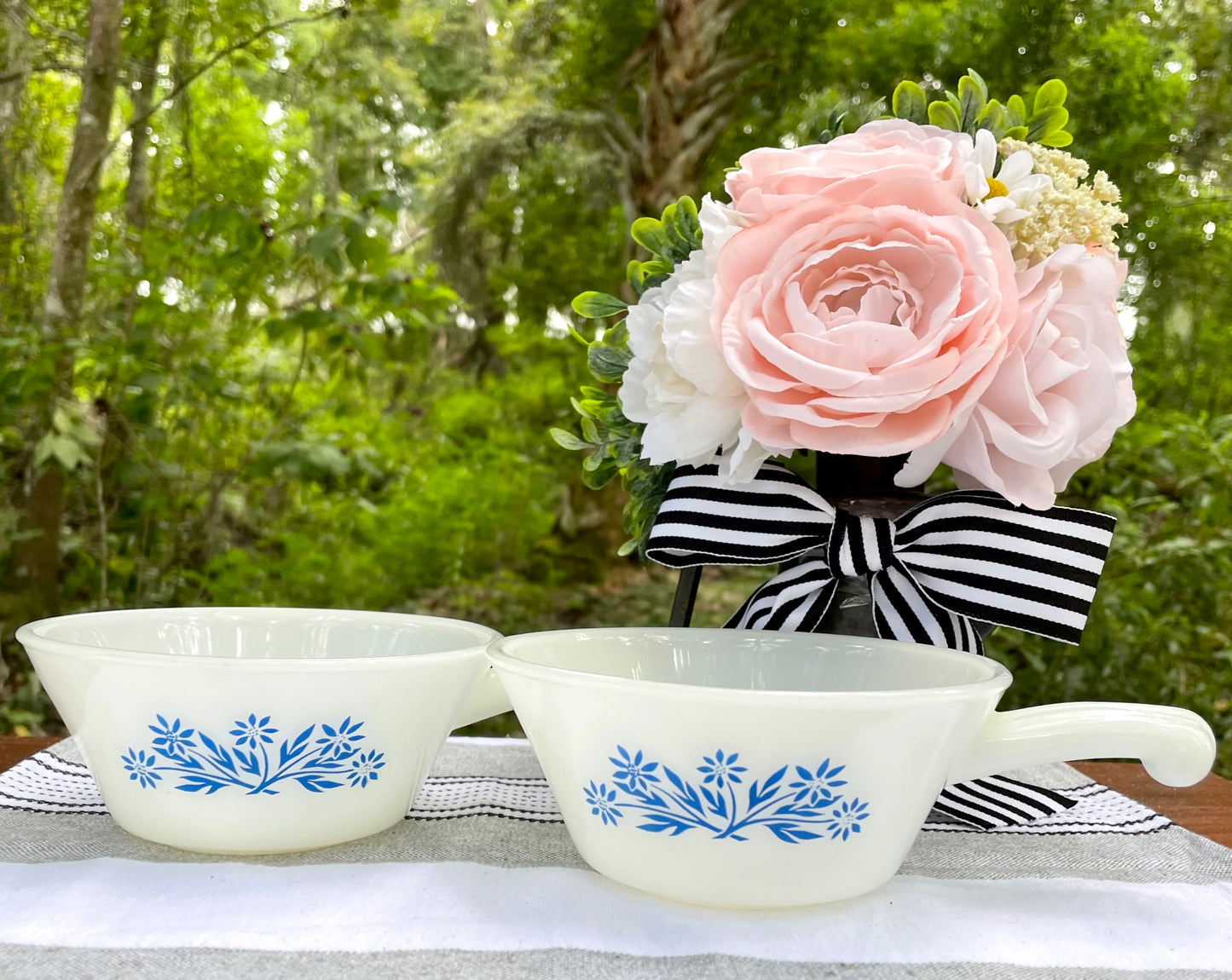Antique Fire King by Anchor Hocking White Milk Glass and Blue Corn Flower Soup Bowls with Handles Thebrokenbirdcompany vintage soup bowls birthday gift vintage blue and white dishes vintage fire king glass vintage kitchenware 