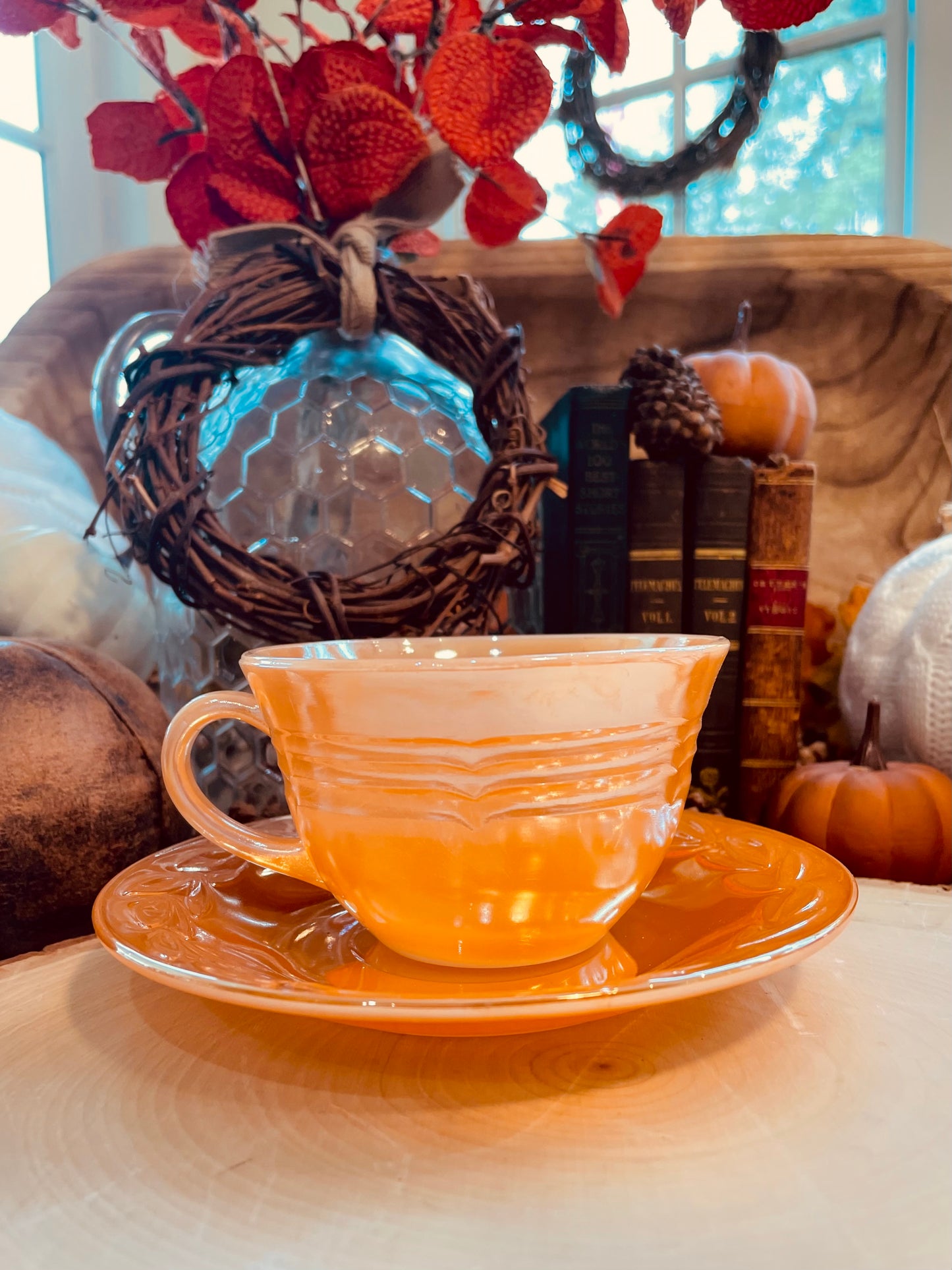 Antique 1950s Fire King Peach Lusterware Tea Set