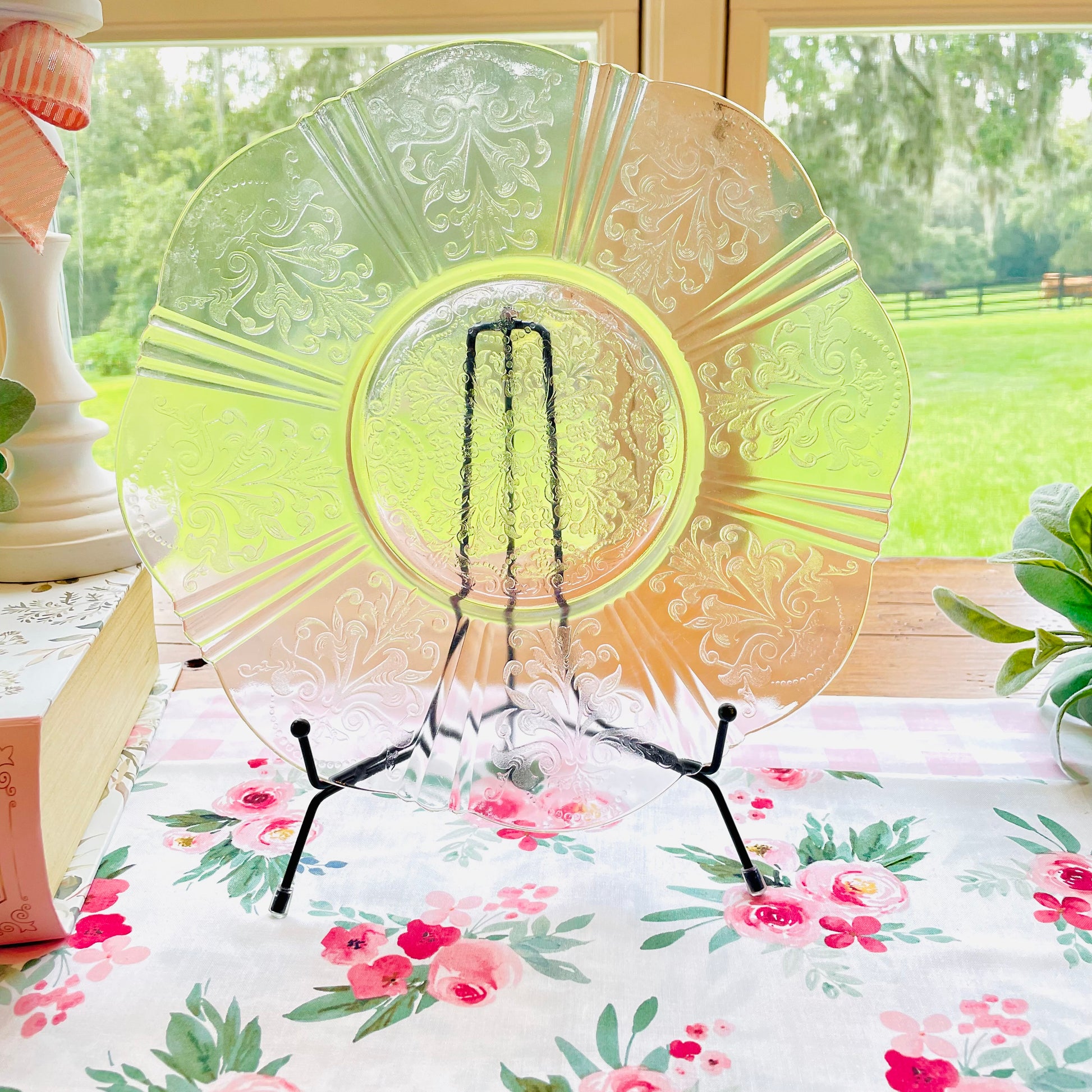  American sweetheart antique pink depression glass flower design cake plate pink cake plate pink serving platter the broken bird company  Macbeth antique glass rare antique  1930s kitchenware birthday cake stand